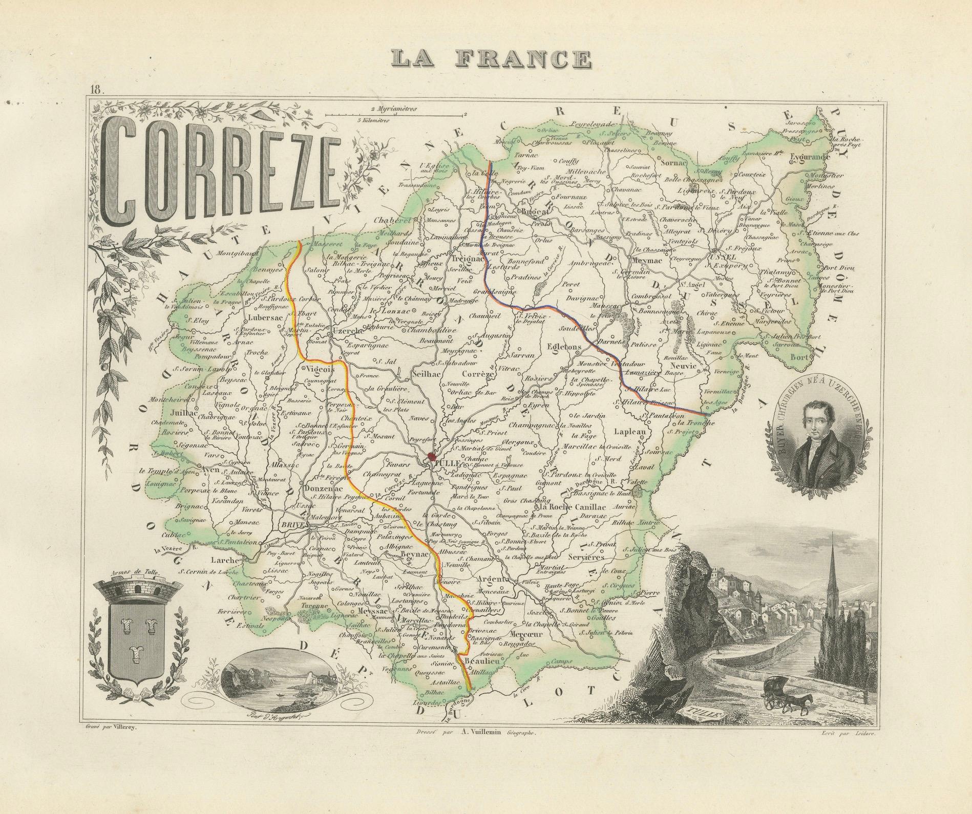 Map of Corrèze France with Brive, Tulle and Dordogne River Landscape, c.1850 For Sale 1