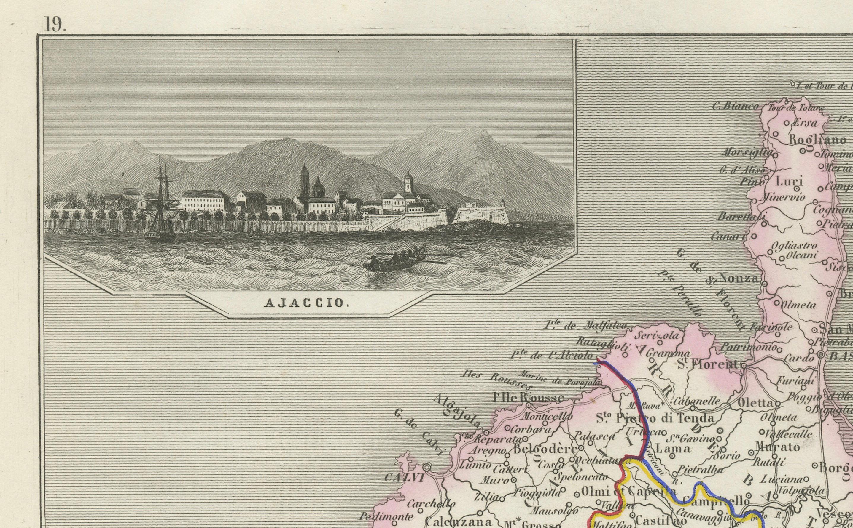 French Map of Corsica France with Ajaccio and Napoleon Portraits, 19th Century For Sale