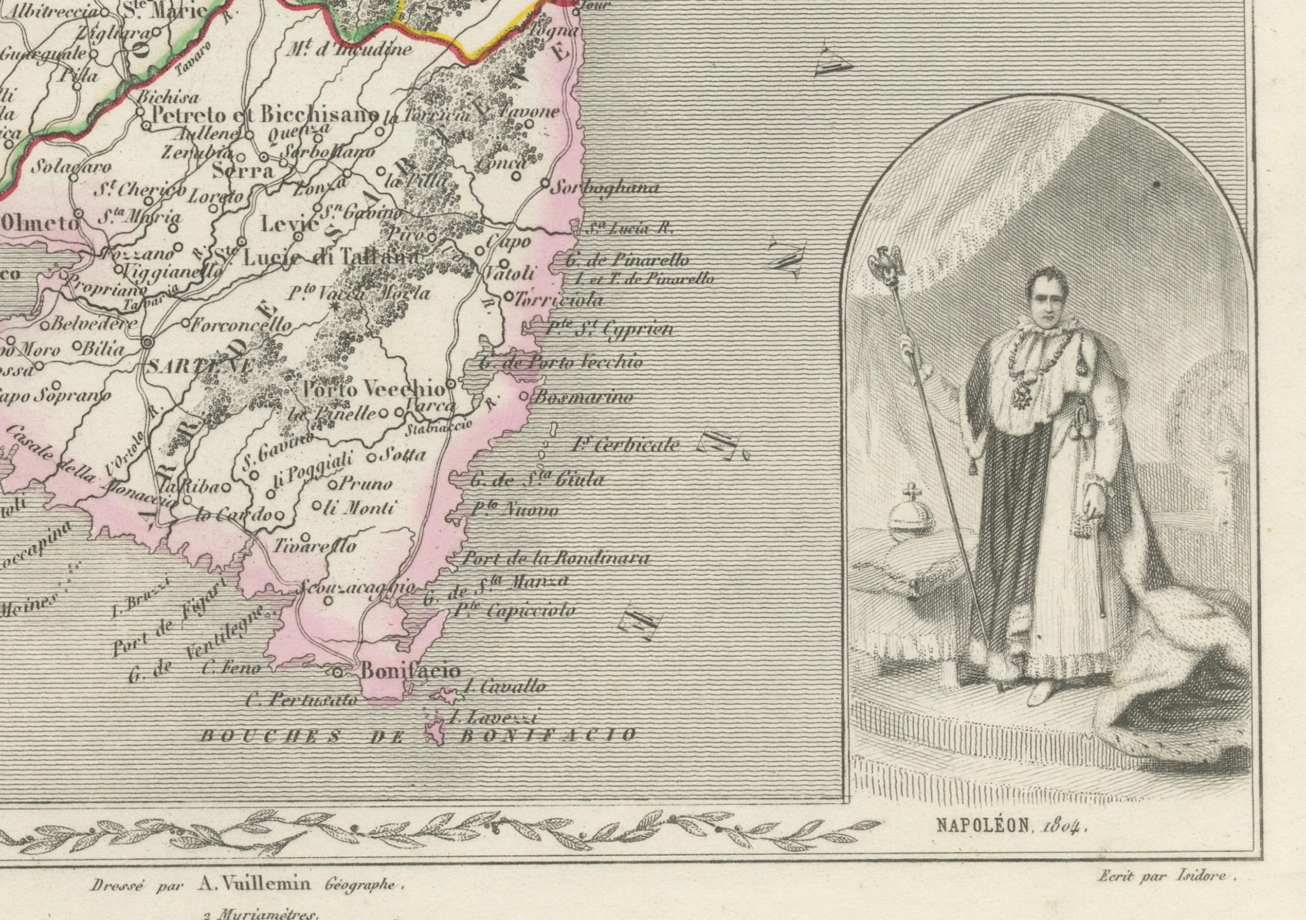Map of Corsica France with Ajaccio and Napoleon Portraits, 19th Century In Good Condition For Sale In Langweer, NL