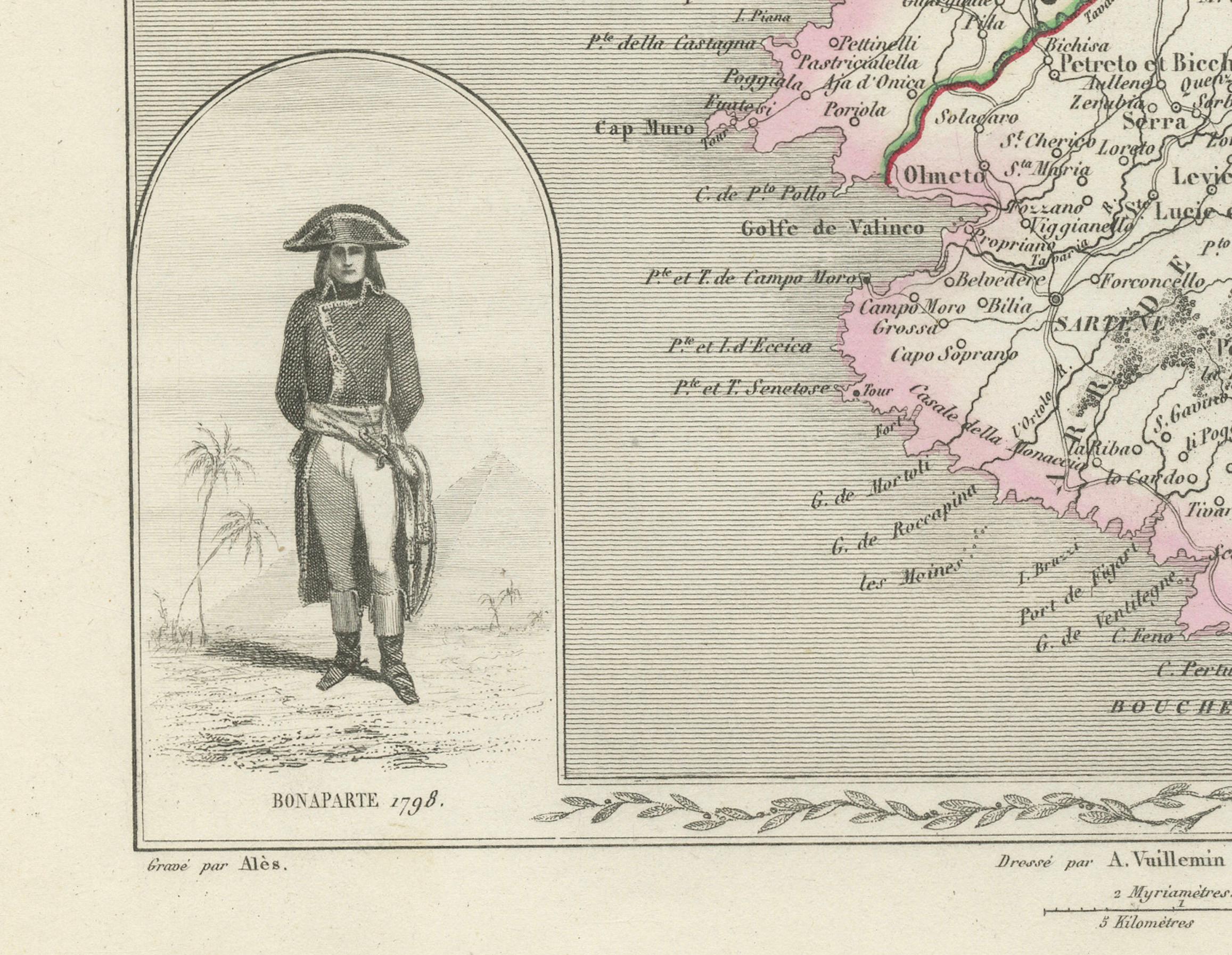 Paper Map of Corsica France with Ajaccio and Napoleon Portraits, 19th Century For Sale