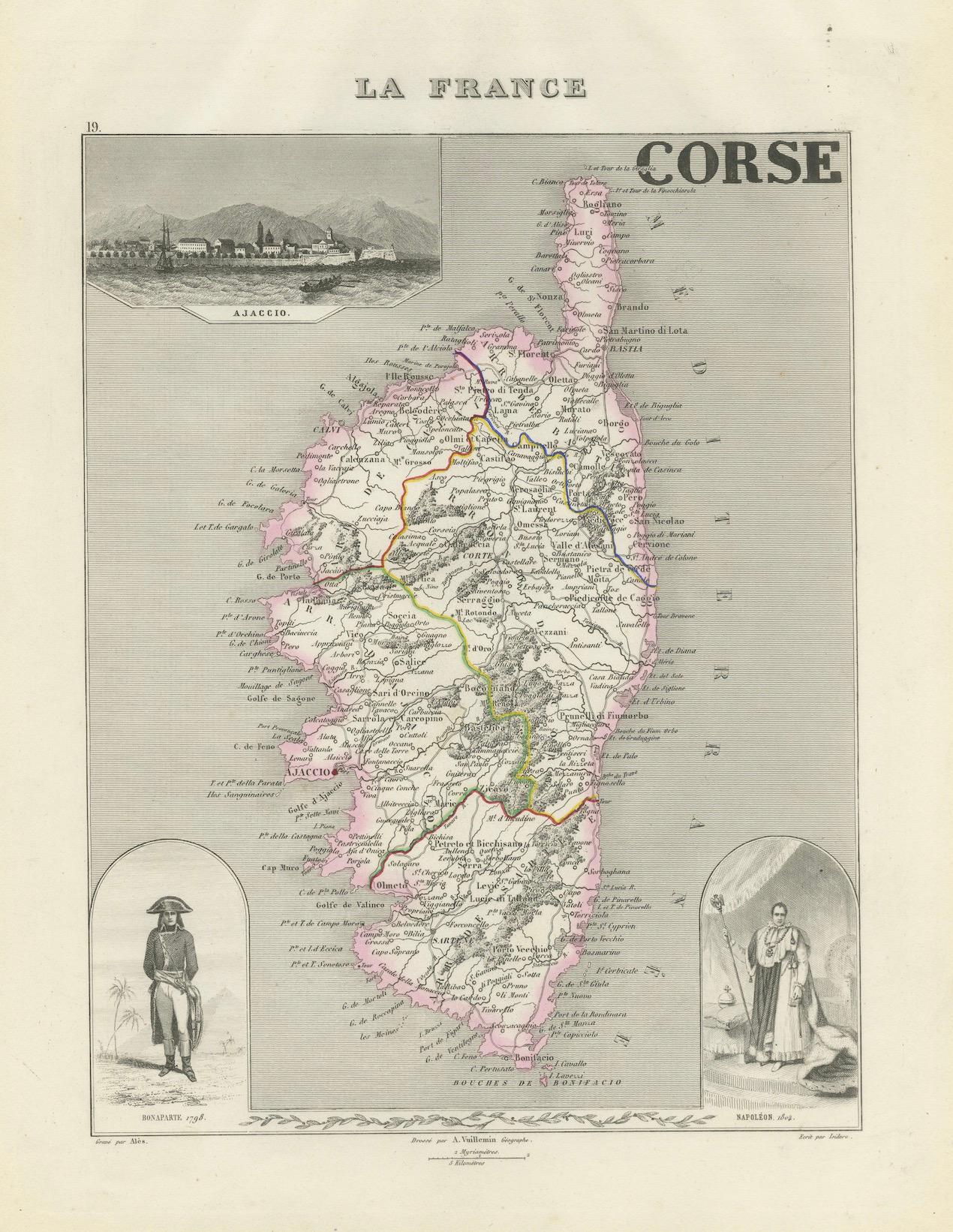 Map of Corsica France with Ajaccio and Napoleon Portraits, 19th Century For Sale 1