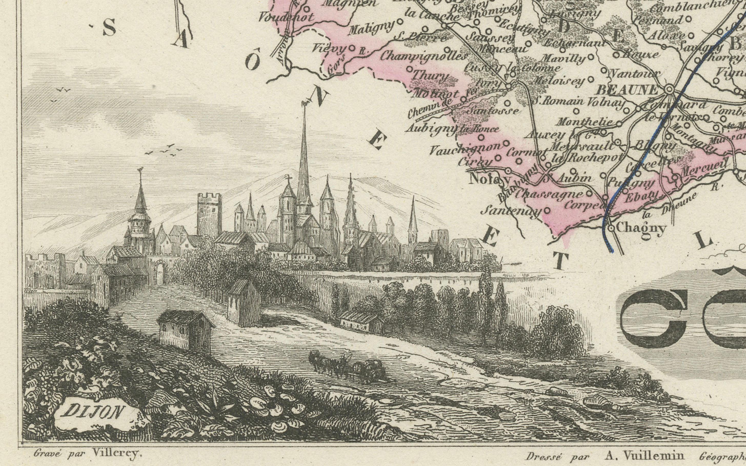 French Map of Côte-d'Or France with Dijon and Burgundy Wine Region, 19th Century For Sale