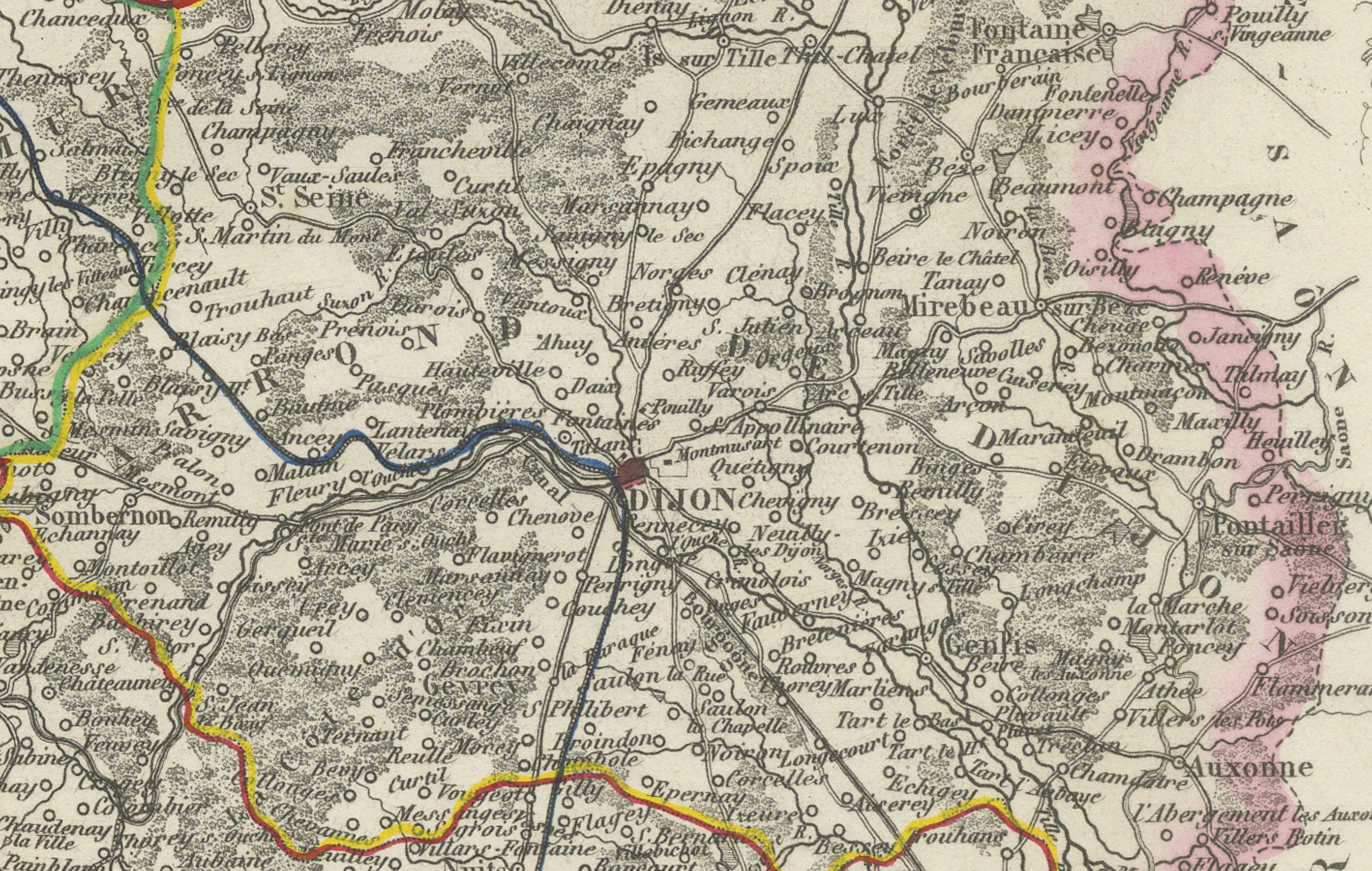 Engraved Map of Côte-d'Or France with Dijon and Burgundy Wine Region, 19th Century For Sale