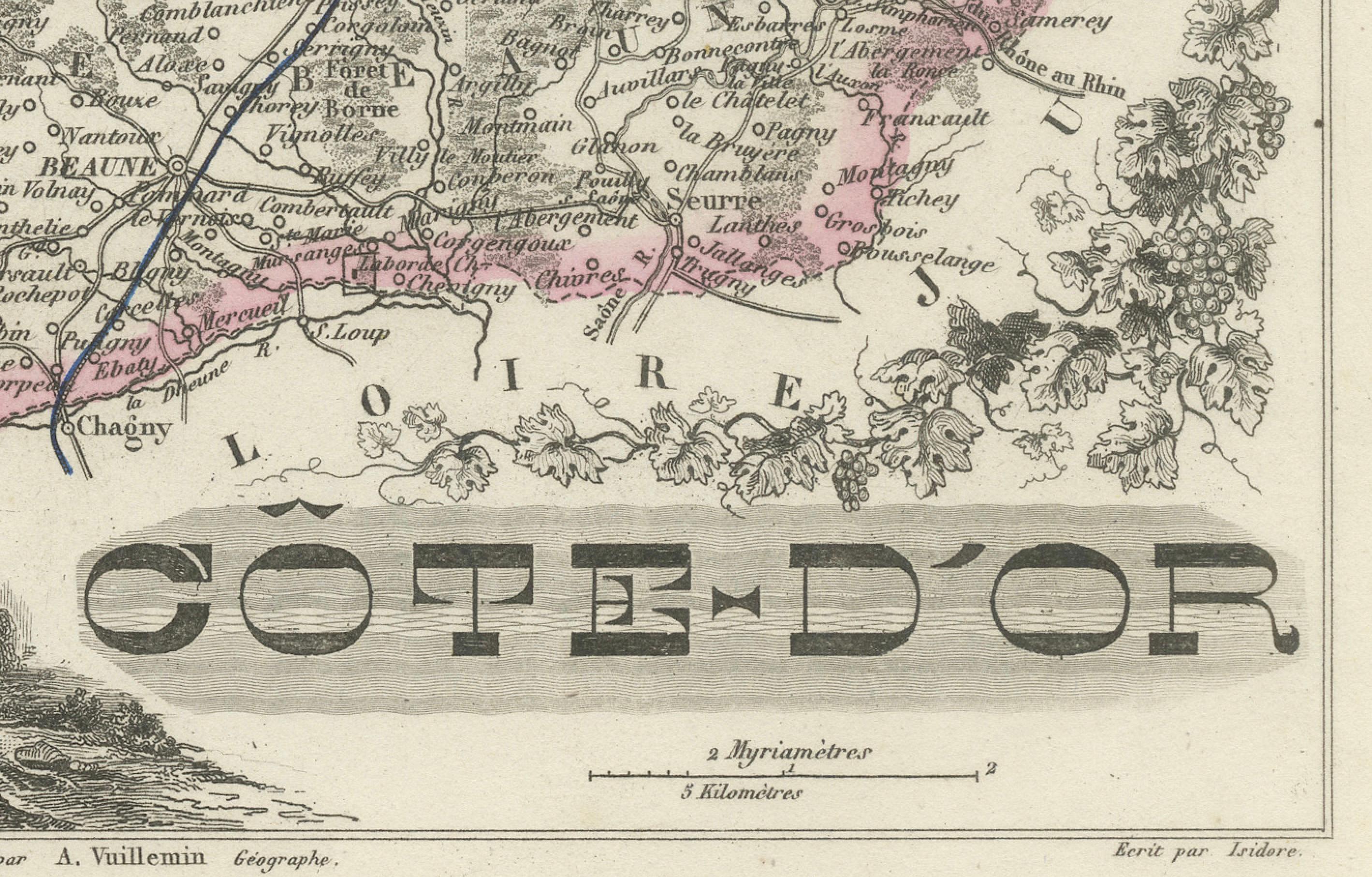 Map of Côte-d'Or France with Dijon and Burgundy Wine Region, 19th Century In Good Condition For Sale In Langweer, NL