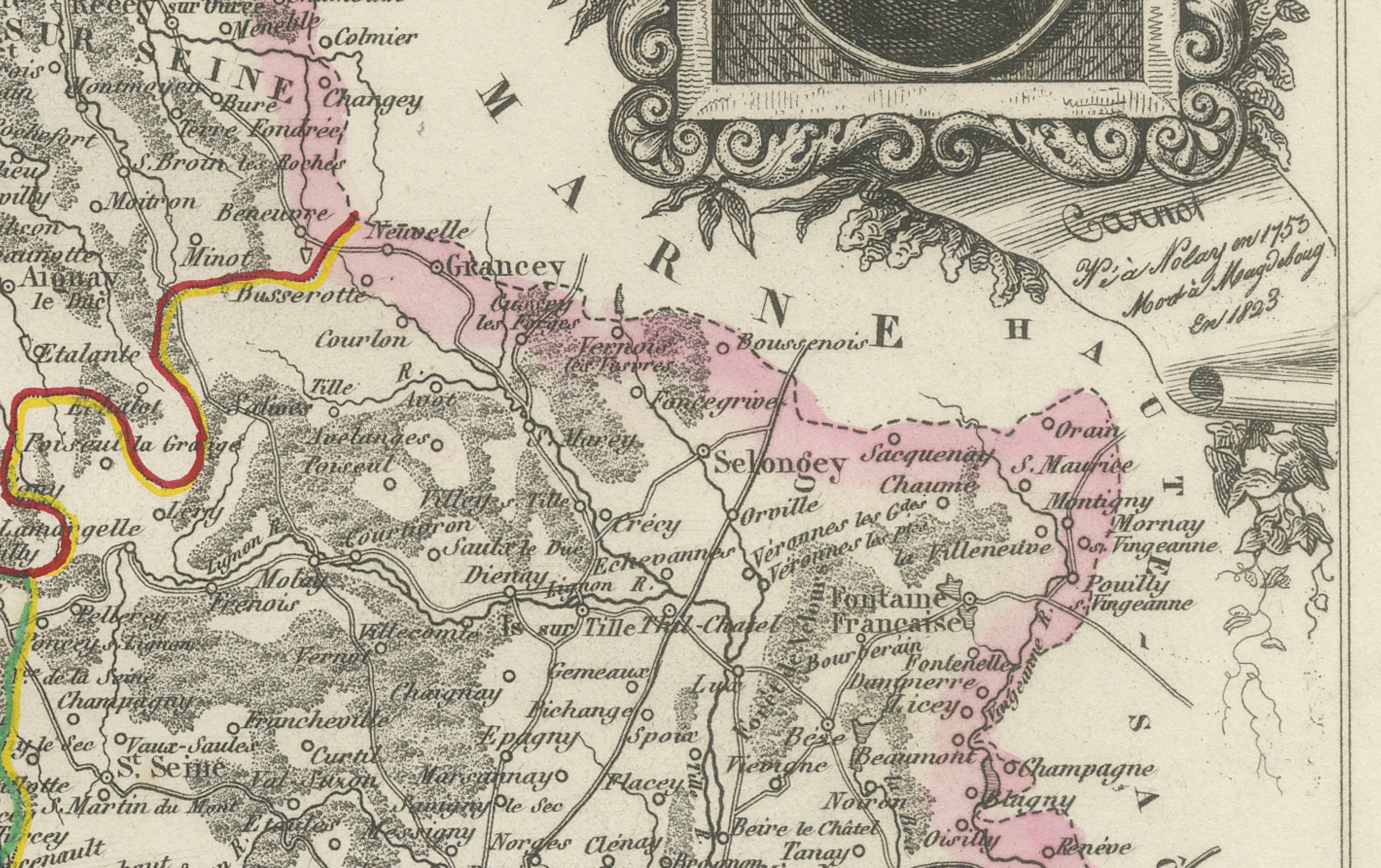 Paper Map of Côte-d'Or France with Dijon and Burgundy Wine Region, 19th Century For Sale