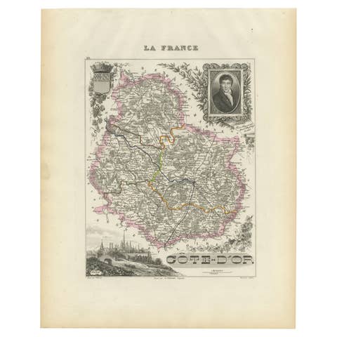 Map of Côte-d'Or France with Dijon and Burgundy Wine Region, 19th Century