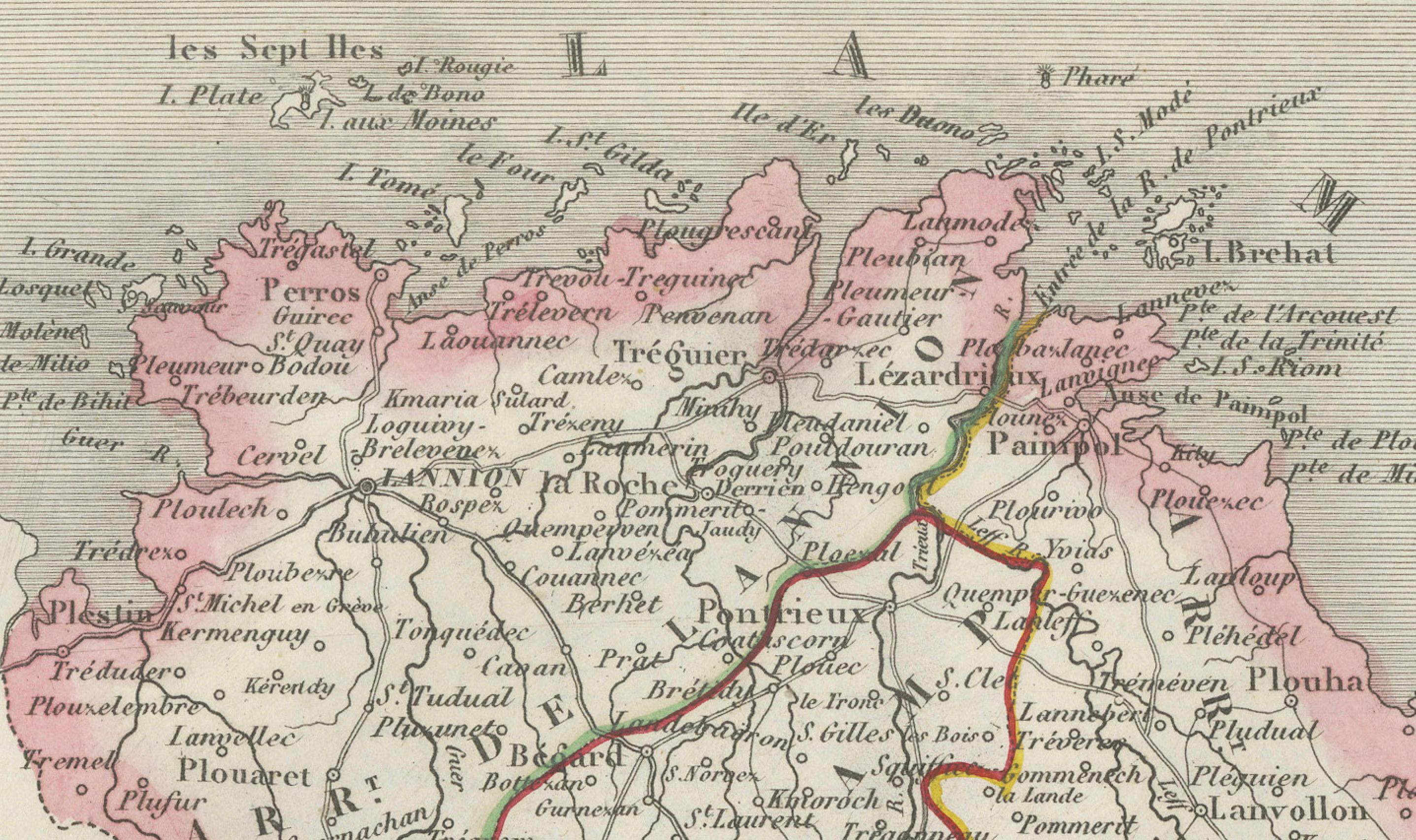 Map of Côtes-du-Nord France with Saint-Brieuc and Brittany Coastline, 19th c

Description:
This elegant 19th-century map of Côtes-du-Nord, the historic name for what is now known as Côtes-d’Armor in Brittany, was created by Alexandre Vuillemin and