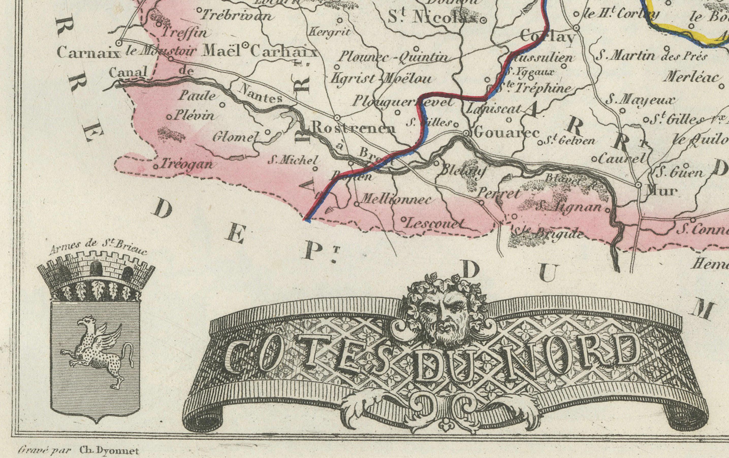Inciso Map of Côtes-du-Nord France with Saint-Brieuc and Brittany Coastline, c.1850 in vendita