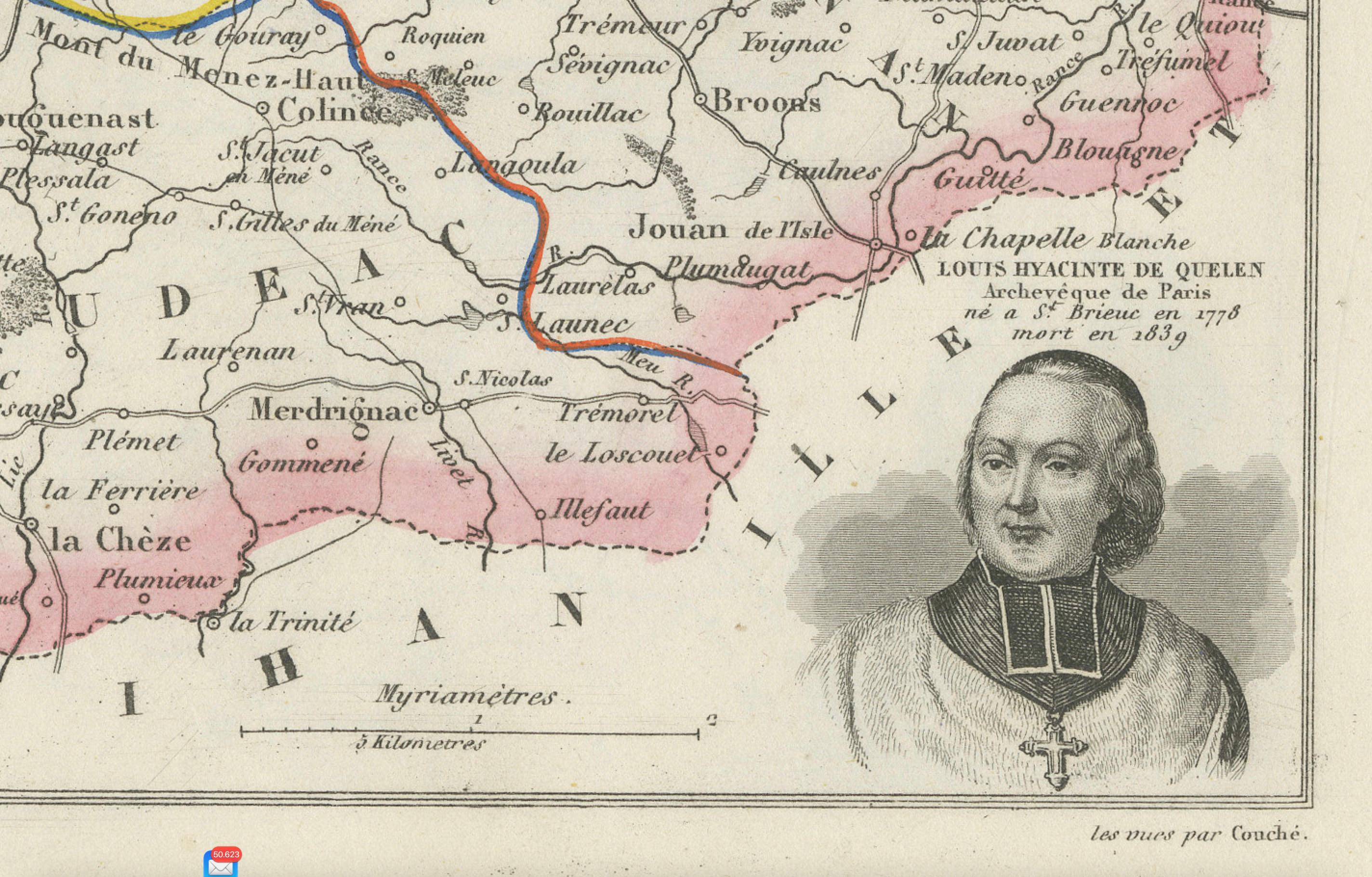 Map of Côtes-du-Nord France with Saint-Brieuc and Brittany Coastline, c.1850 In condizioni buone in vendita a Langweer, NL