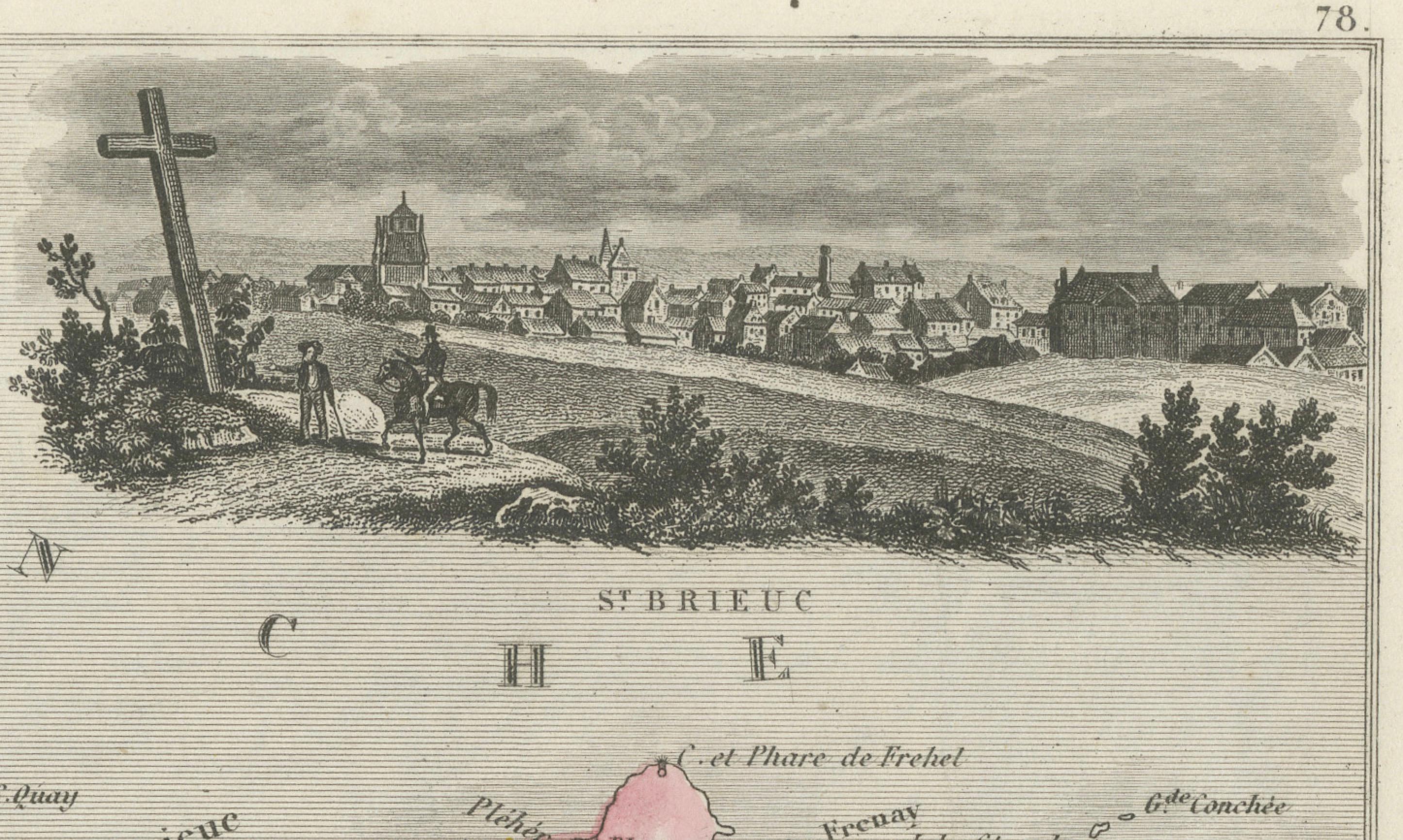 XIX secolo Map of Côtes-du-Nord France with Saint-Brieuc and Brittany Coastline, c.1850 in vendita
