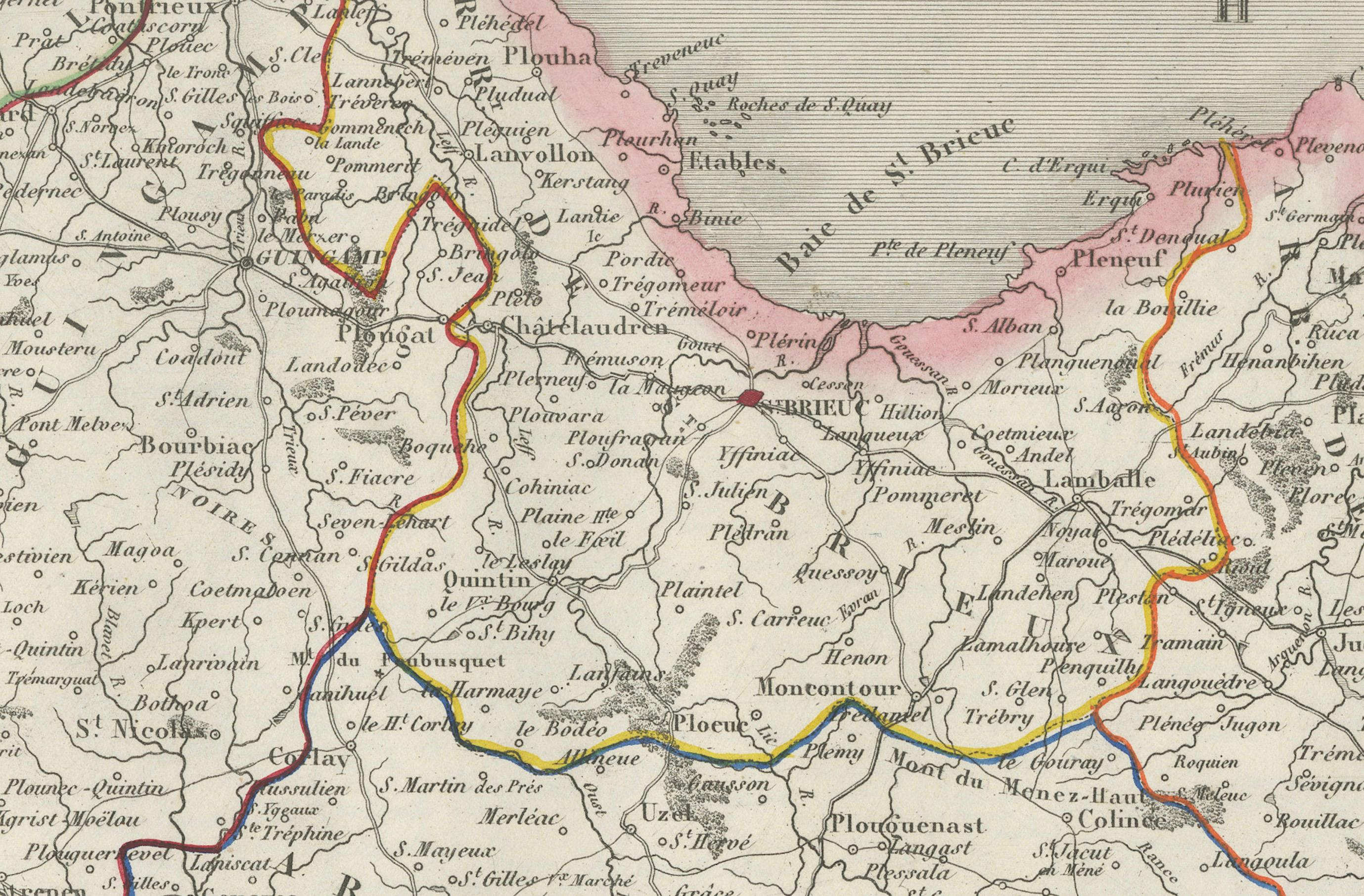Carta Map of Côtes-du-Nord France with Saint-Brieuc and Brittany Coastline, c.1850 in vendita