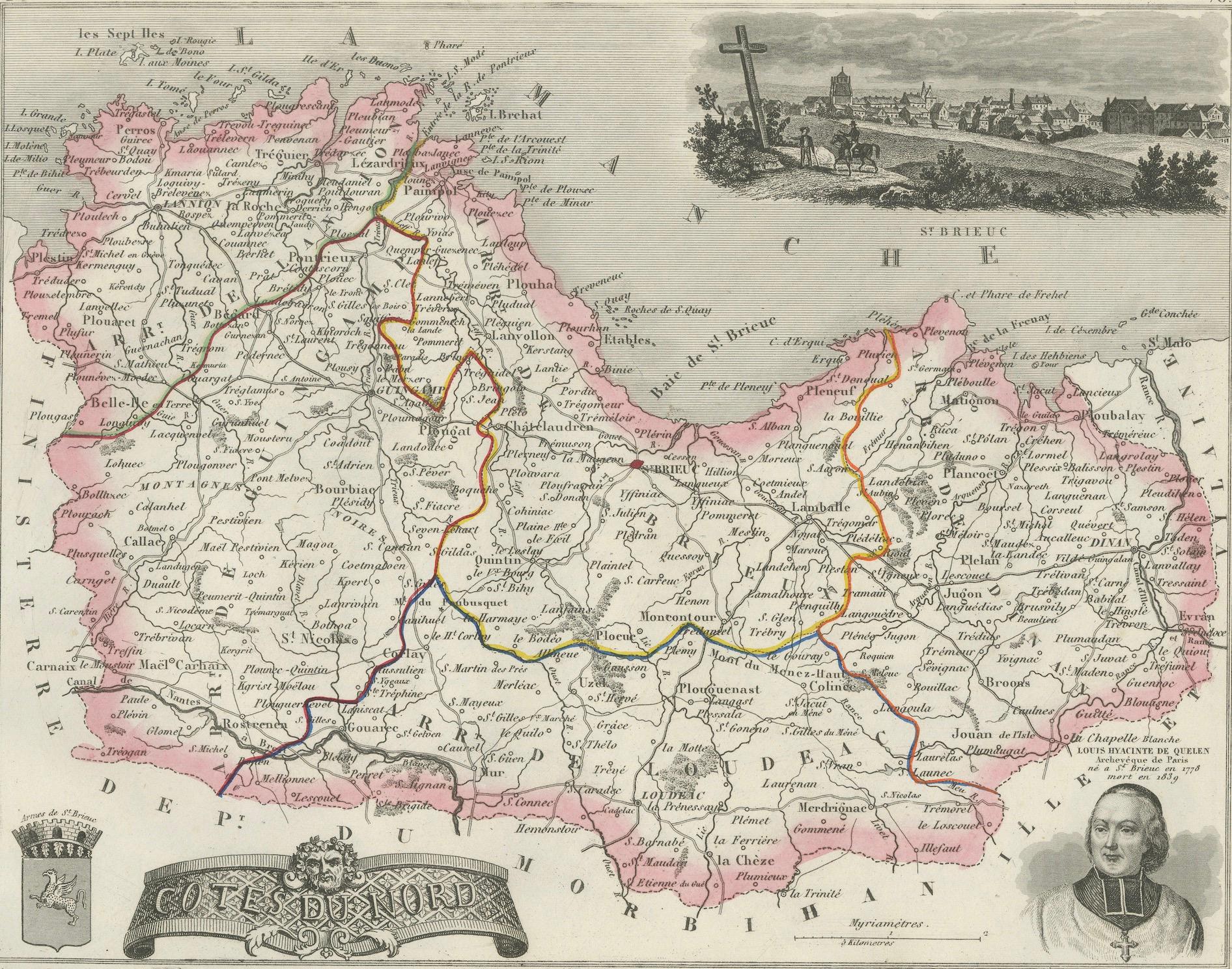 Map of Côtes-du-Nord France with Saint-Brieuc and Brittany Coastline, c.1850 in vendita 1