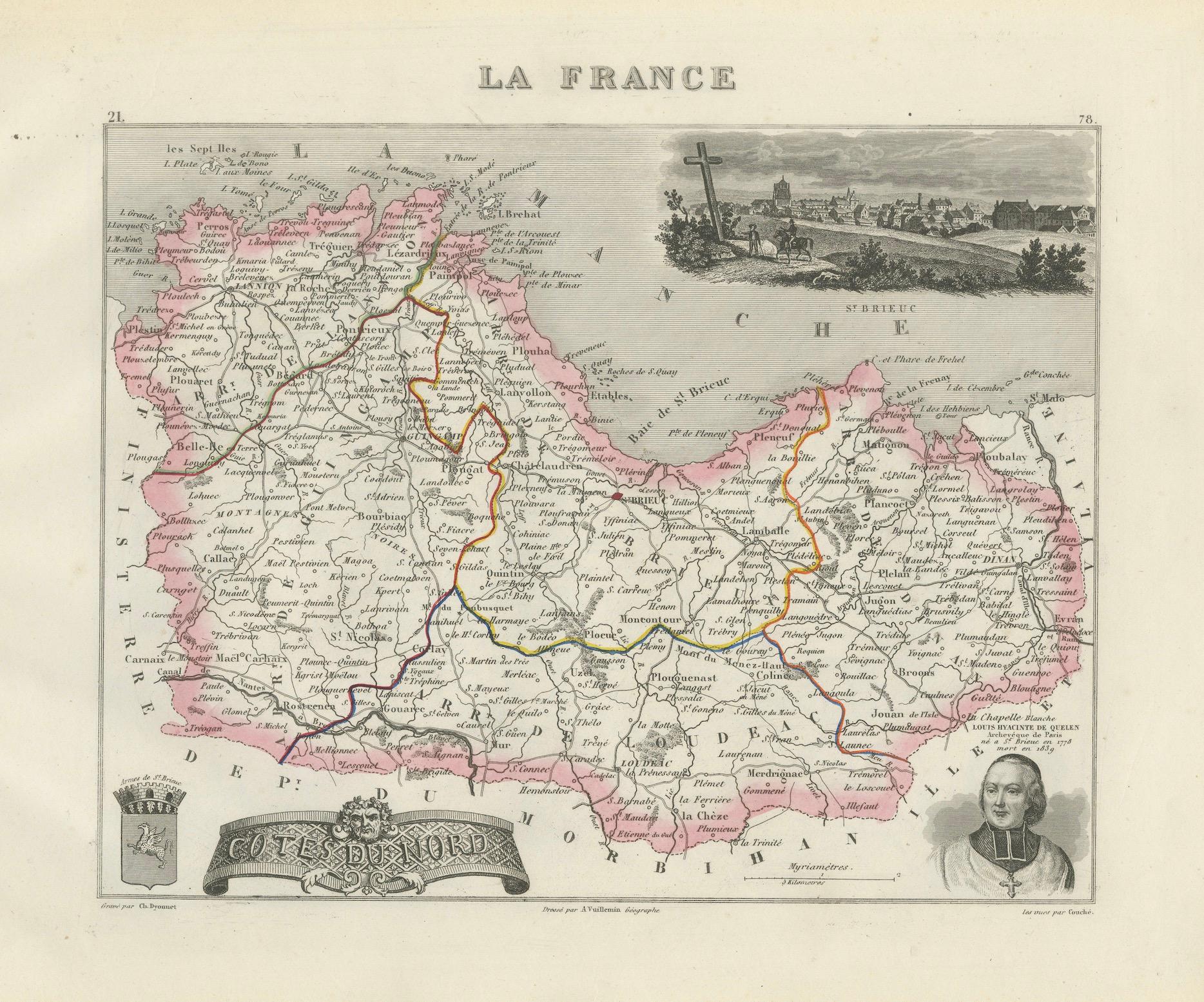 Map of Côtes-du-Nord France with Saint-Brieuc and Brittany Coastline, c.1850 in vendita 2