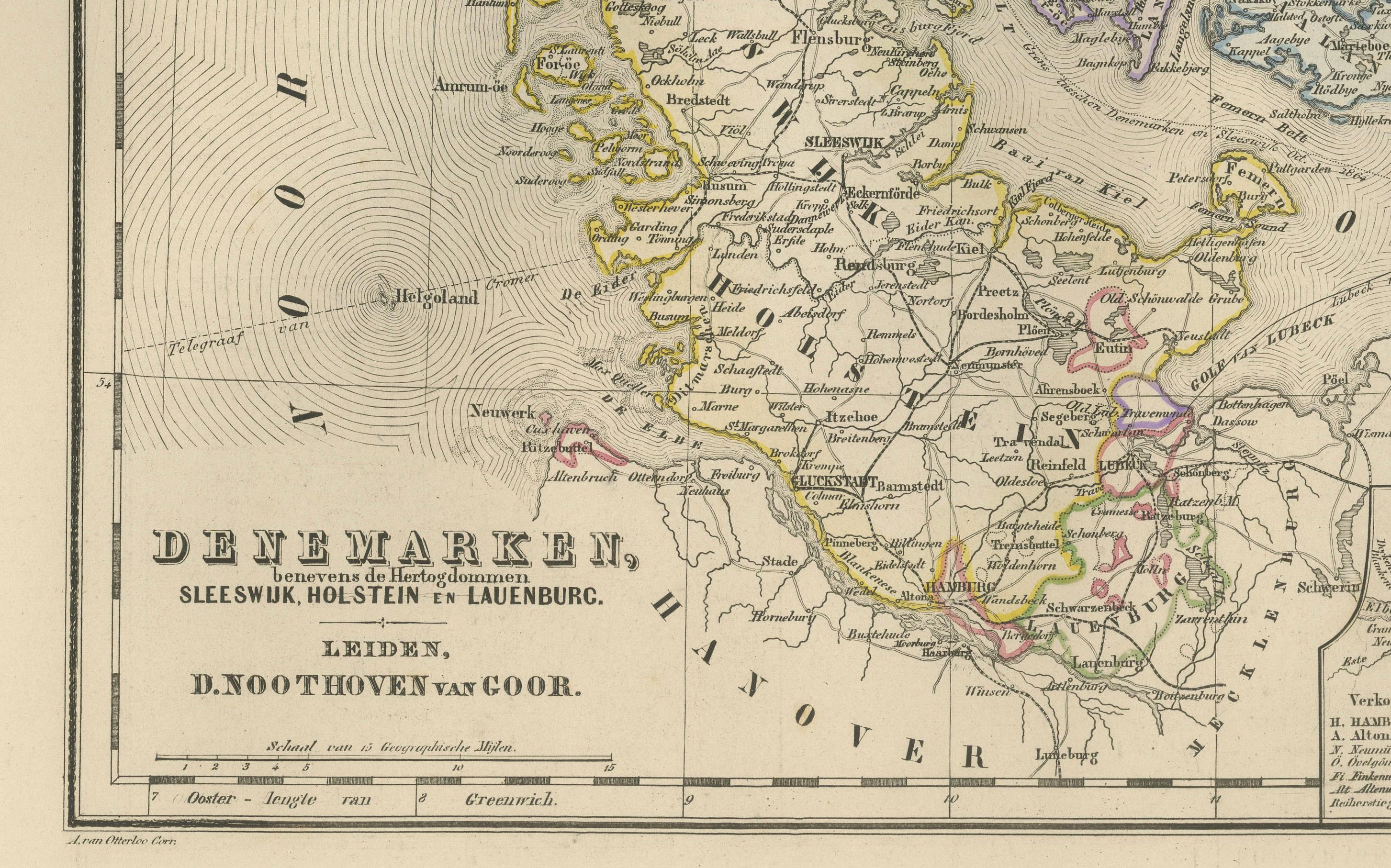 Carte du Danemark, du Schleswig, du Holstein et du Lauenburg - Leiden 1876 Bon état - En vente à Langweer, NL