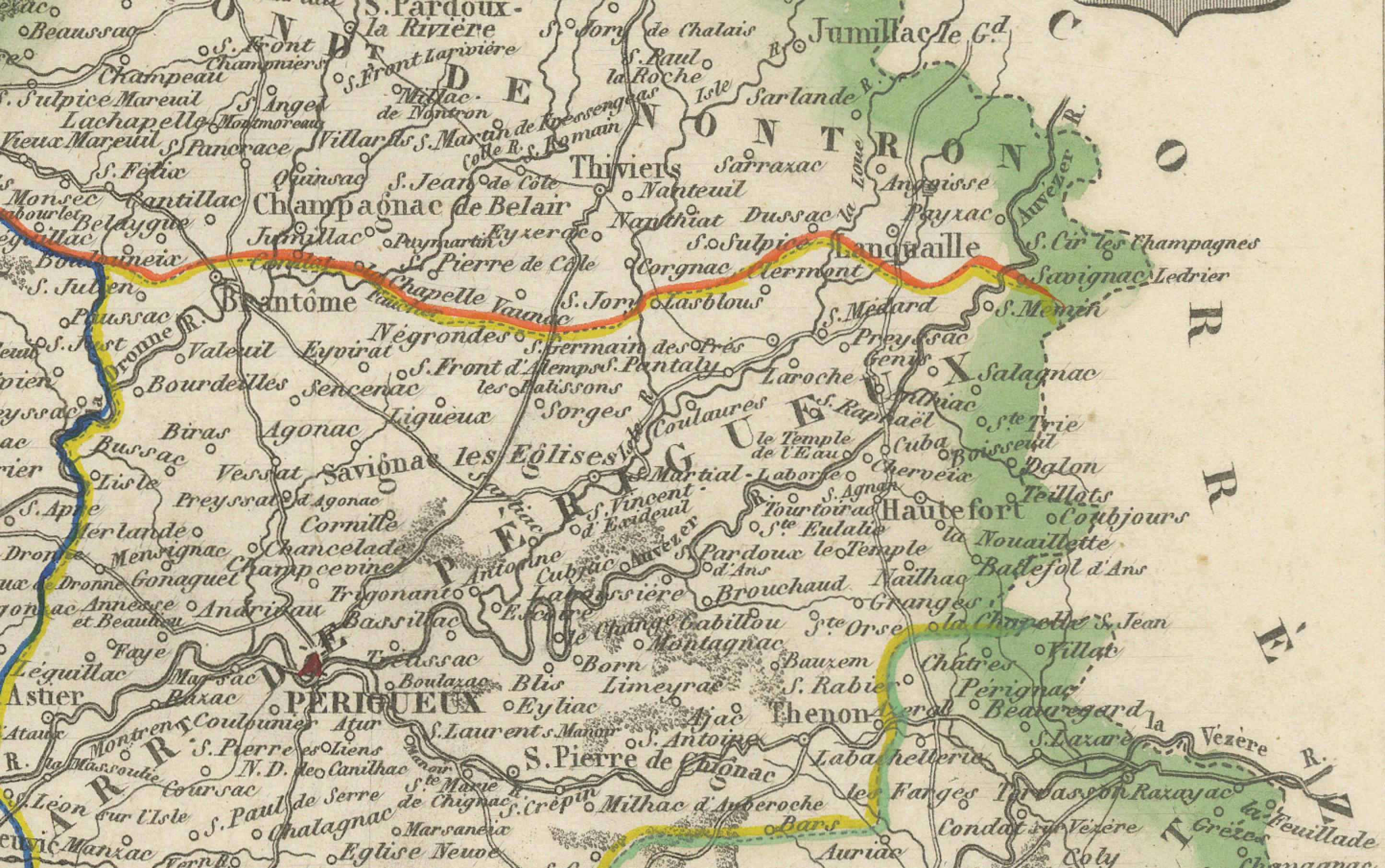 Map of Dordogne France with Périgueux and Château de Jumilhac, 19th Century

Description:
This richly detailed 19th-century map of the Dordogne department in southwestern France was drawn by Alexandre Vuillemin and published by Migeon in Paris for