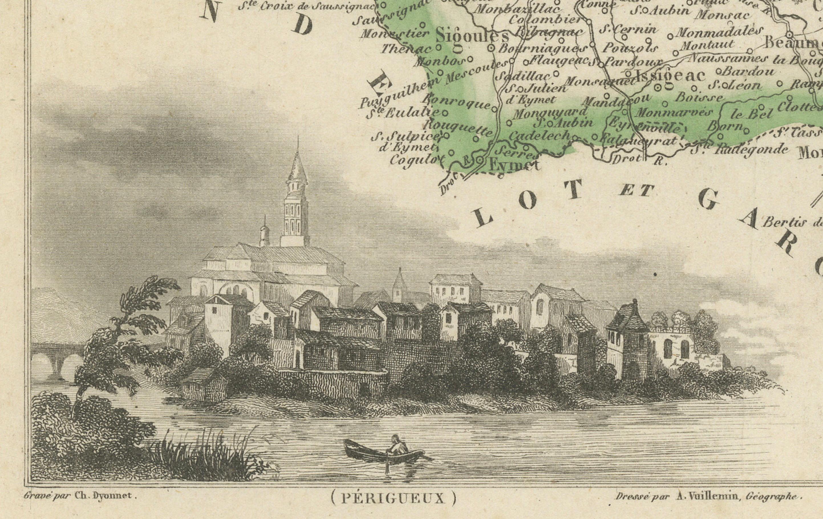 Engraved Map of Dordogne France with Périgueux and Château de Jumilhac, 19th Century