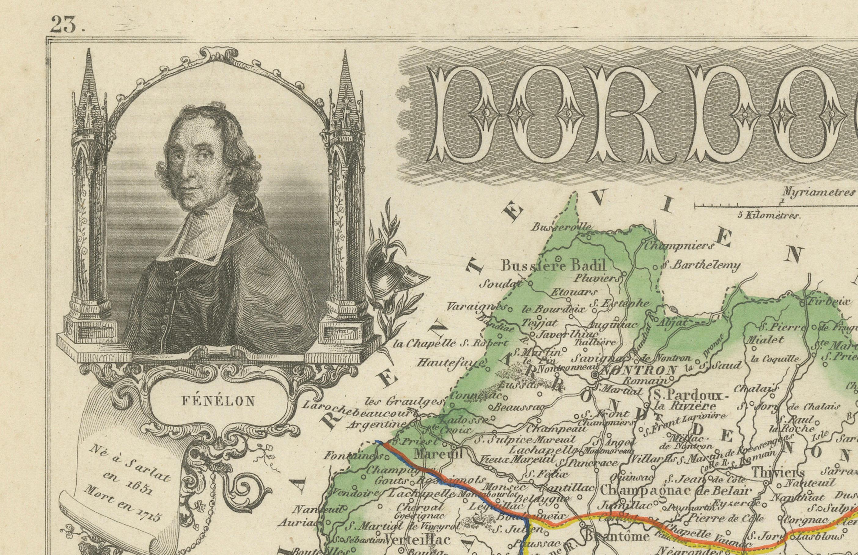 Map of Dordogne France with Périgueux and Château de Jumilhac, 19th Century 1