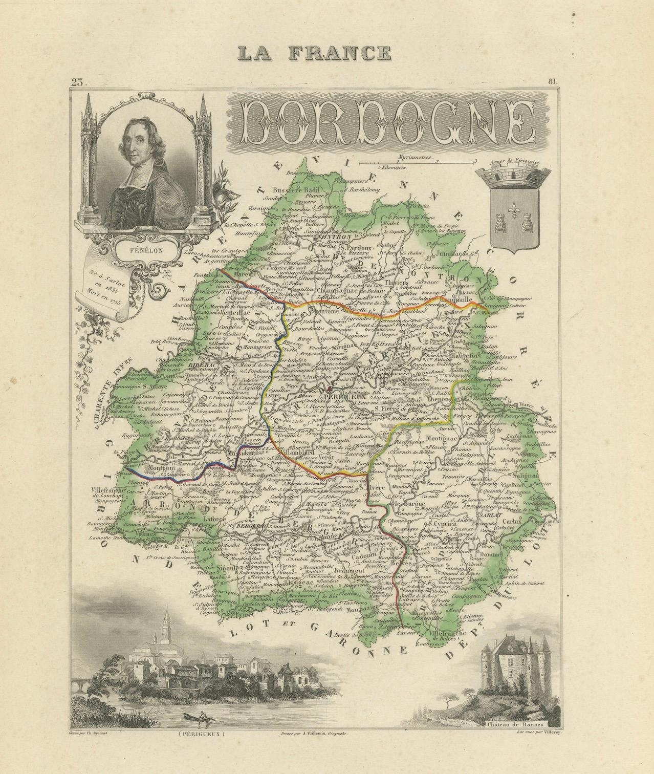 Map of Dordogne France with Périgueux and Château de Jumilhac, 19th Century 3