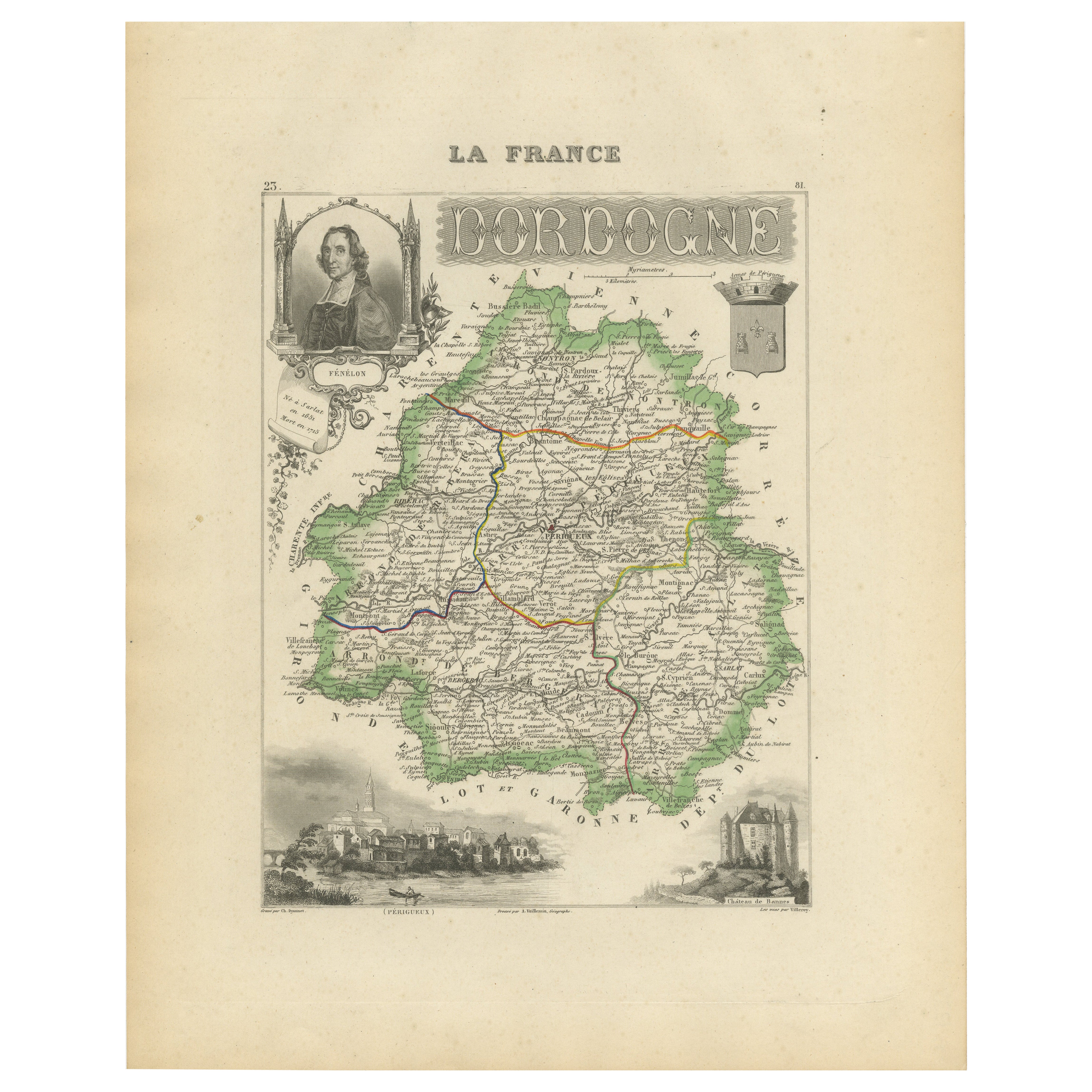Map of Dordogne France with Périgueux and Château de Jumilhac, 19th Century