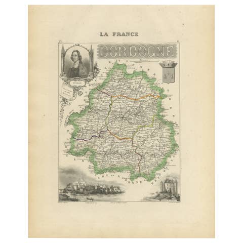 Map of Dordogne France with Périgueux and Château de Jumilhac, 19th Century
