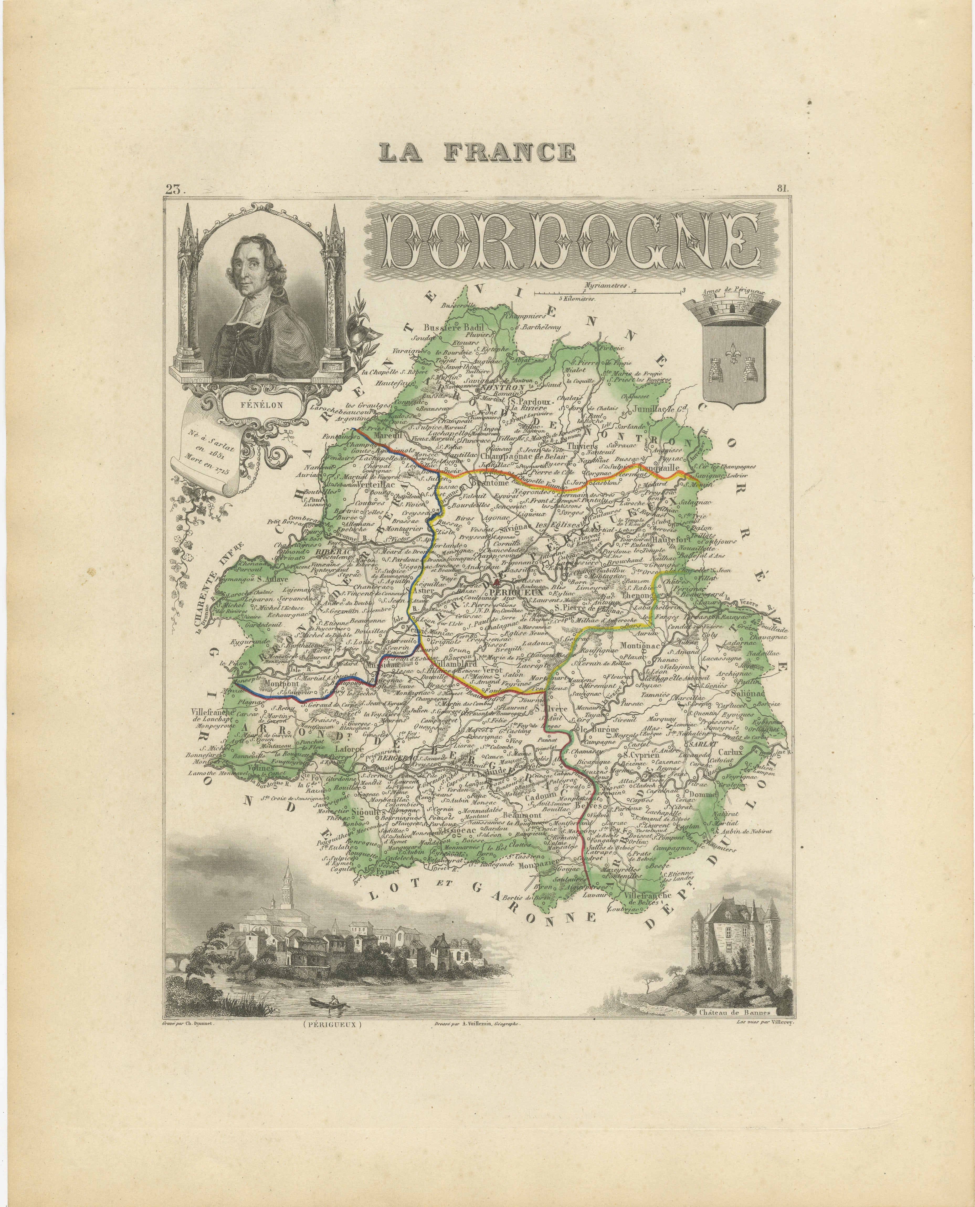Map of Dordogne France with Périgueux and Château de Jumilhac, 19th Century