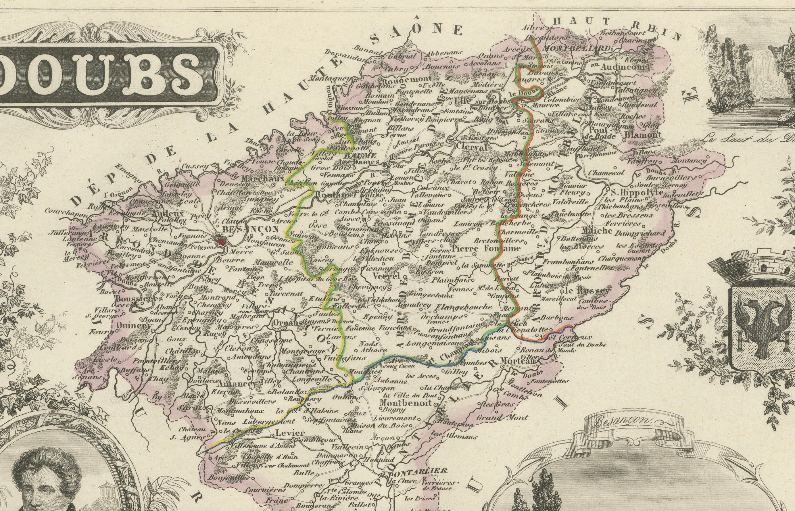 French Map of Doubs France with Besançon and Swiss Border Landscape, 19th Century For Sale