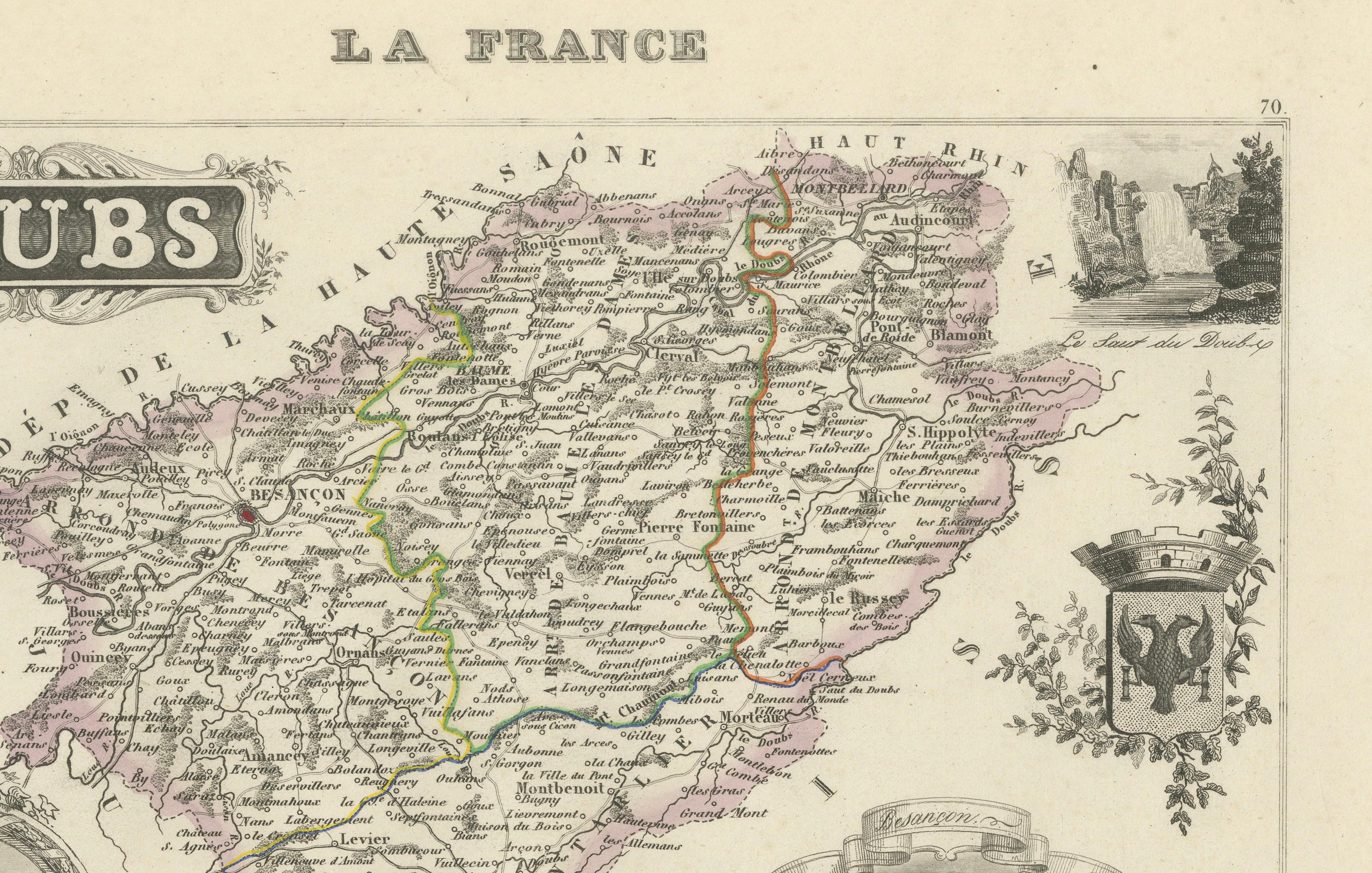 Engraved Map of Doubs France with Besançon and Swiss Border Landscape, 19th Century For Sale