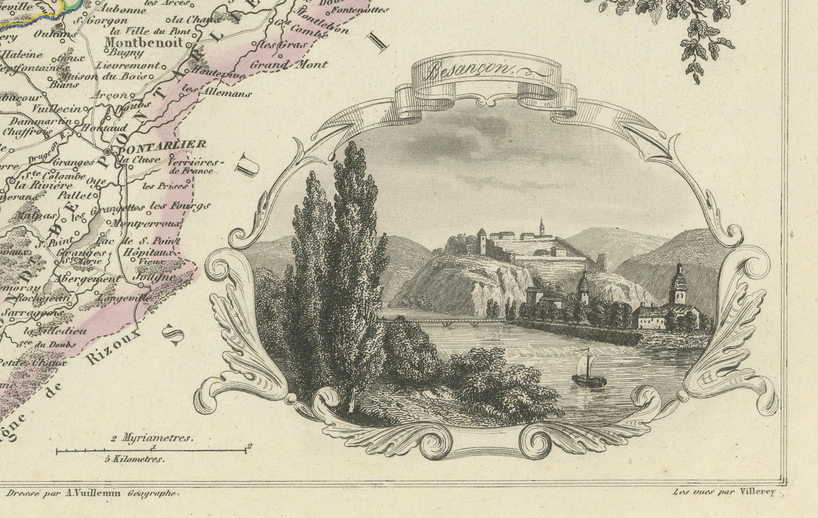 Map of Doubs France with Besançon and Swiss Border Landscape, 19th Century In Good Condition For Sale In Langweer, NL
