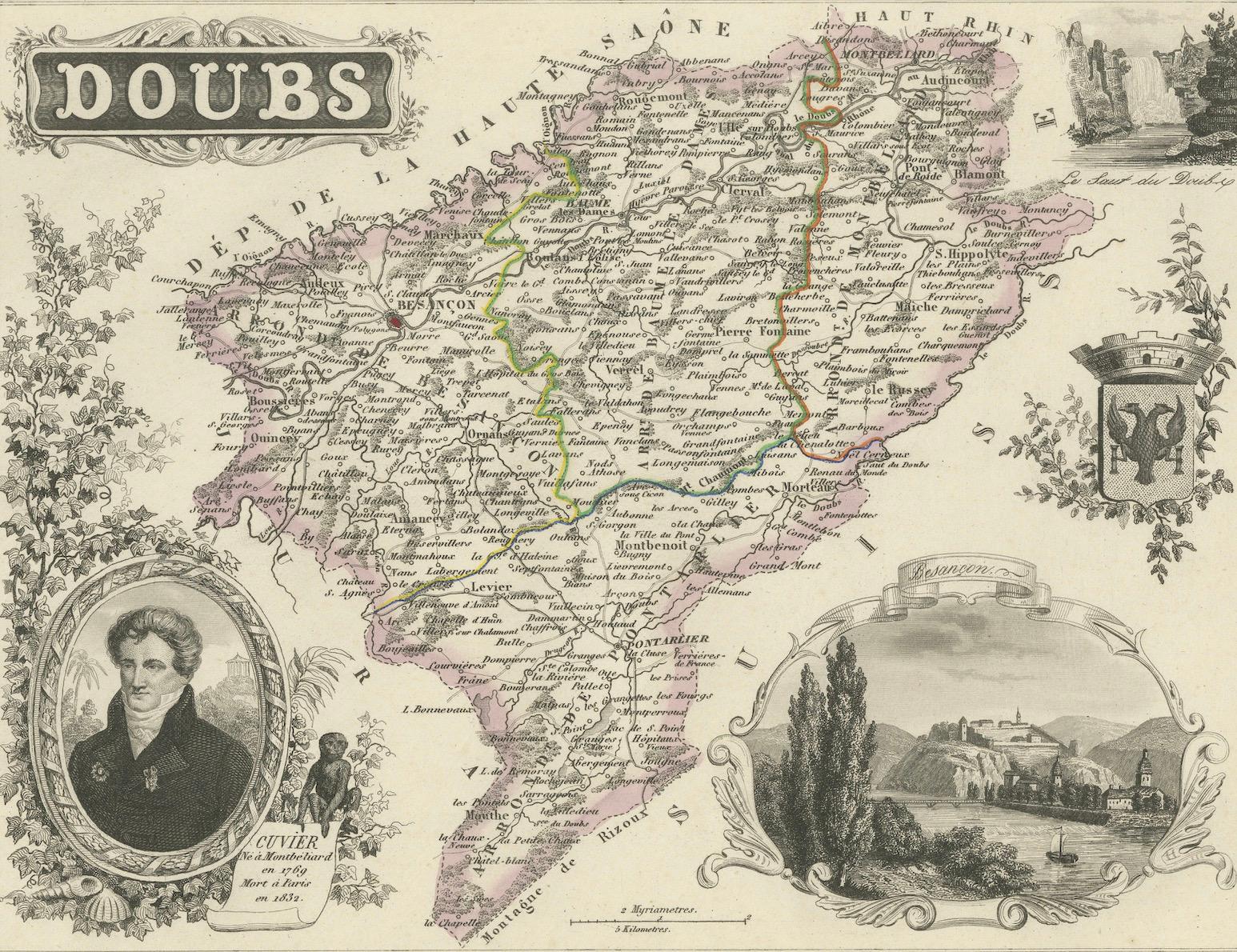 Paper Map of Doubs France with Besançon and Swiss Border Landscape, 19th Century For Sale