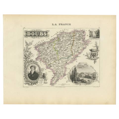 Map of Doubs France with Besançon and Swiss Border Landscape, 19th Century