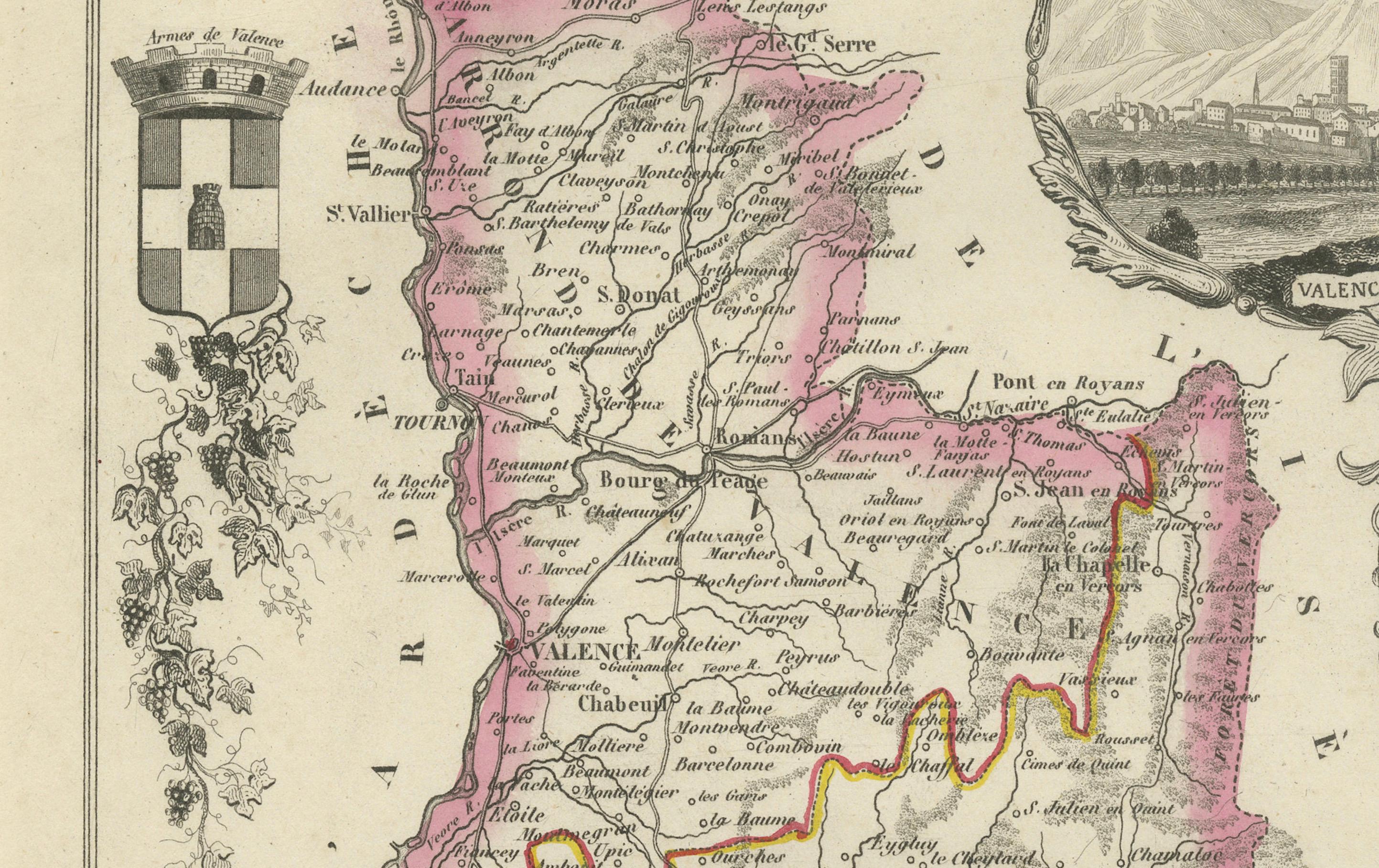 French Map of Drôme France with Valence and Rhône Valley Wine Region, 19th Century For Sale