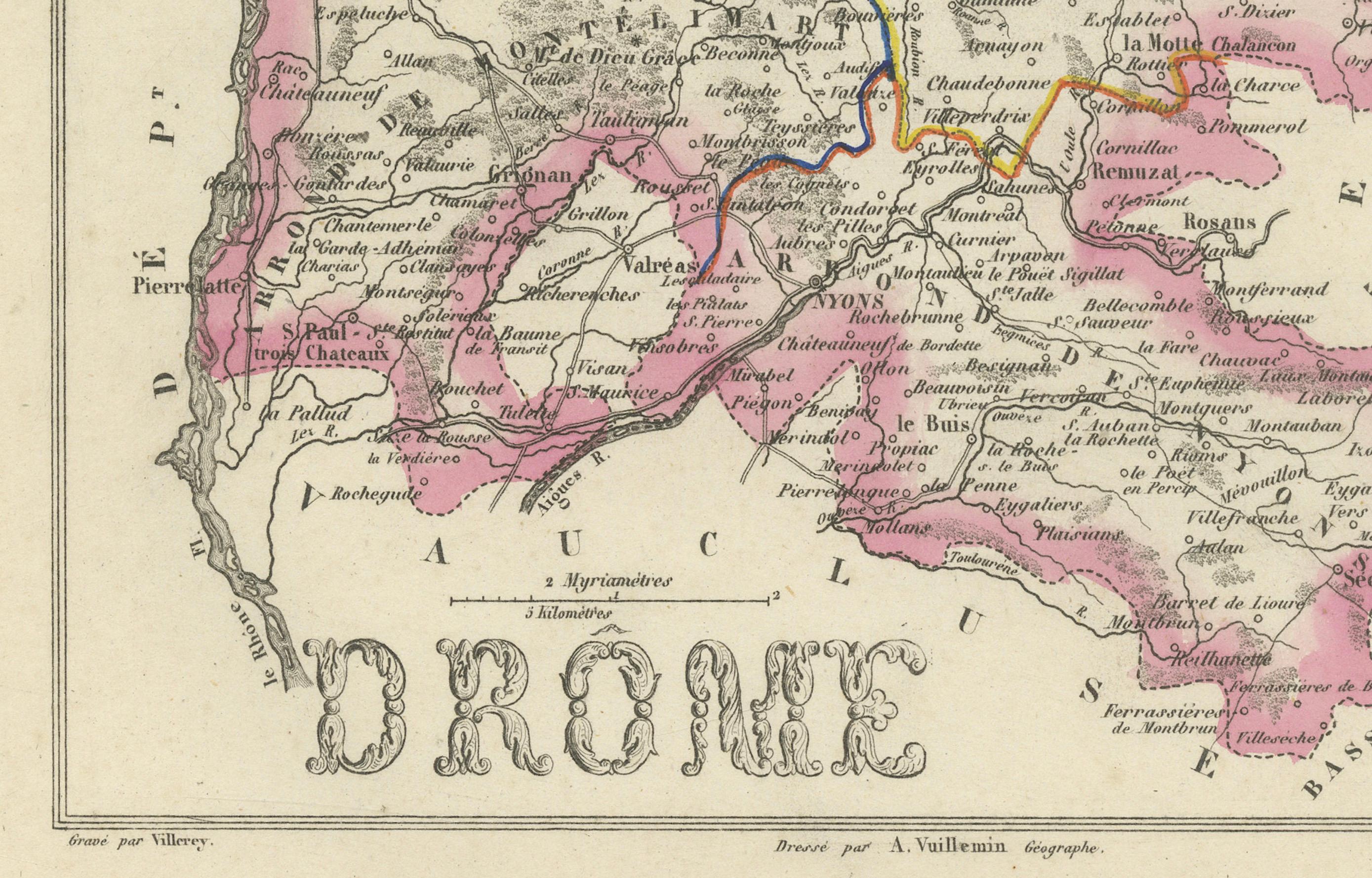 Engraved Map of Drôme France with Valence and Rhône Valley Wine Region, 19th Century For Sale