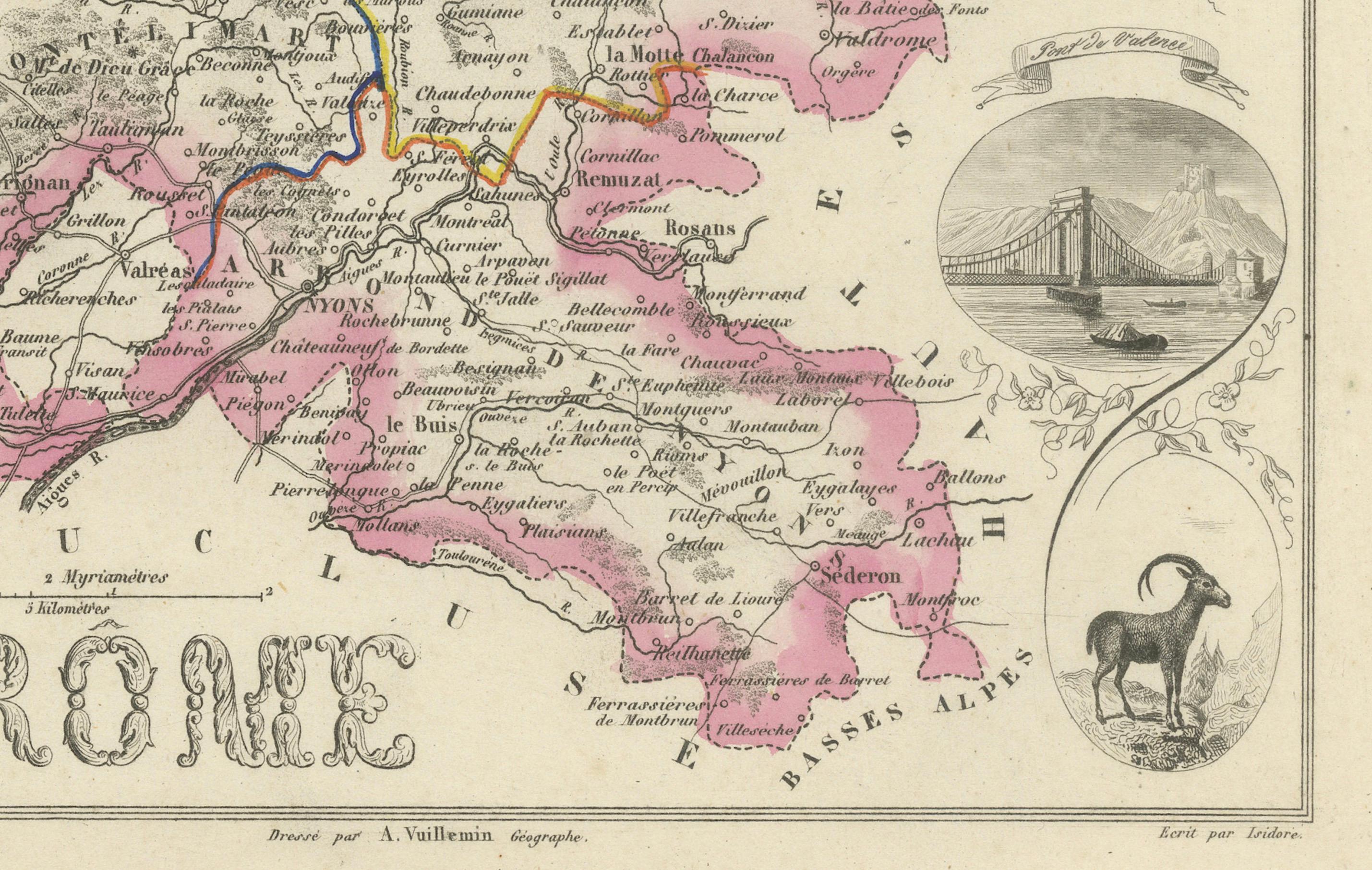 Map of Drôme France with Valence and Rhône Valley Wine Region, 19th Century In Good Condition For Sale In Langweer, NL