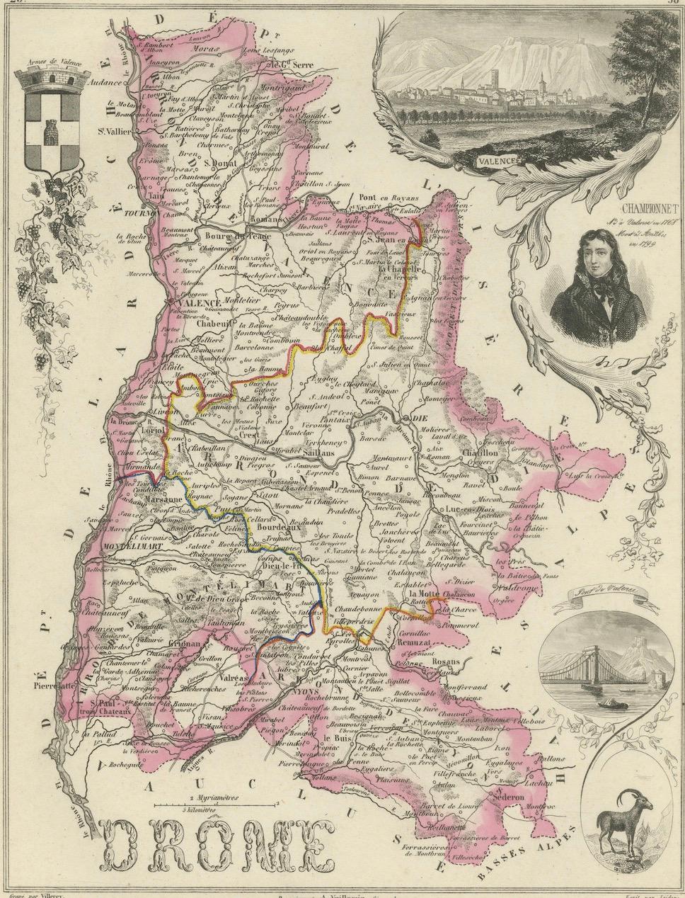 Map of Drôme France with Valence and Rhône Valley Wine Region, 19th Century For Sale 2