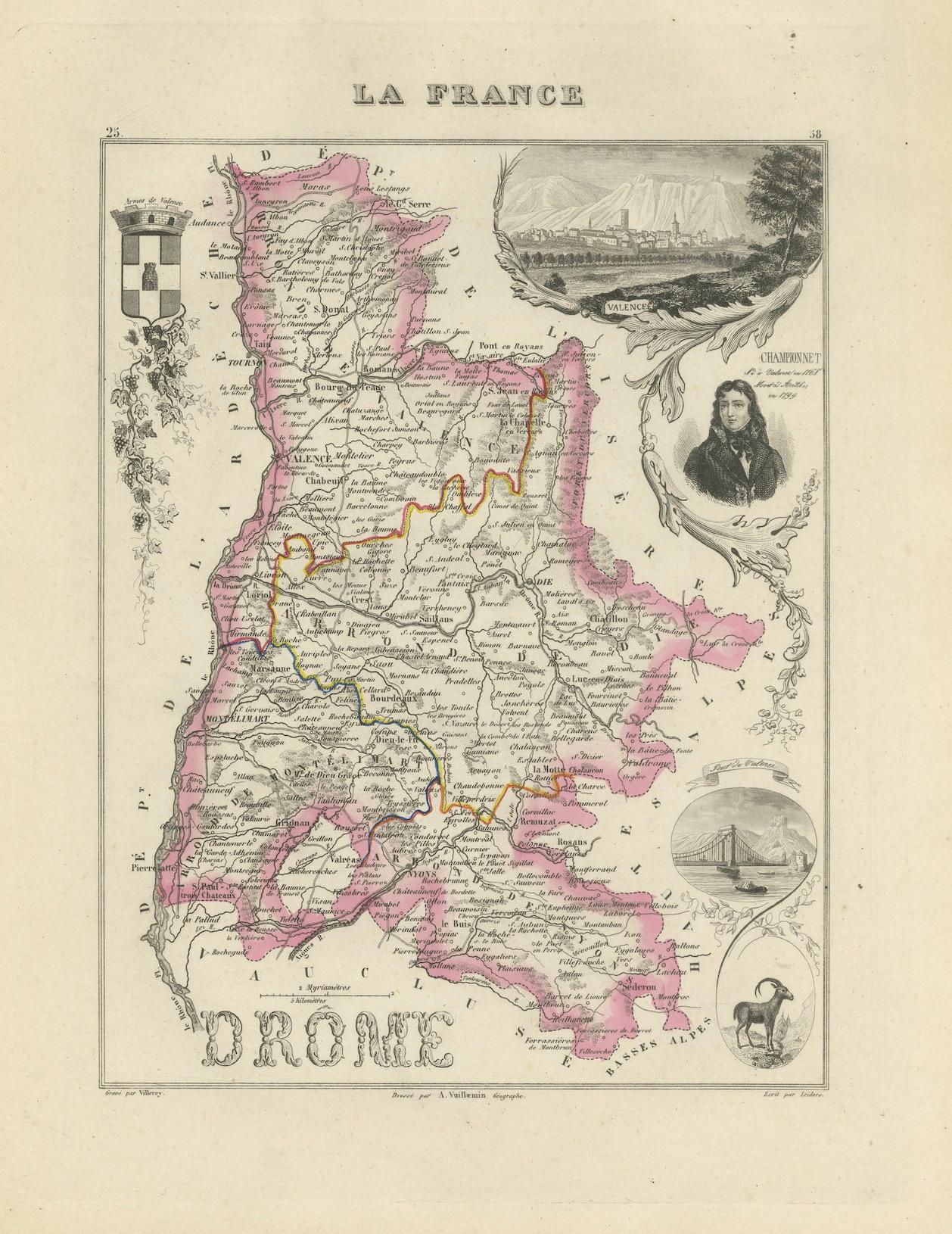 Map of Drôme France with Valence and Rhône Valley Wine Region, 19th Century For Sale 3