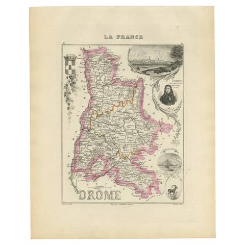 Map of Drôme France with Valence and Rhône Valley Wine Region, 19th Century