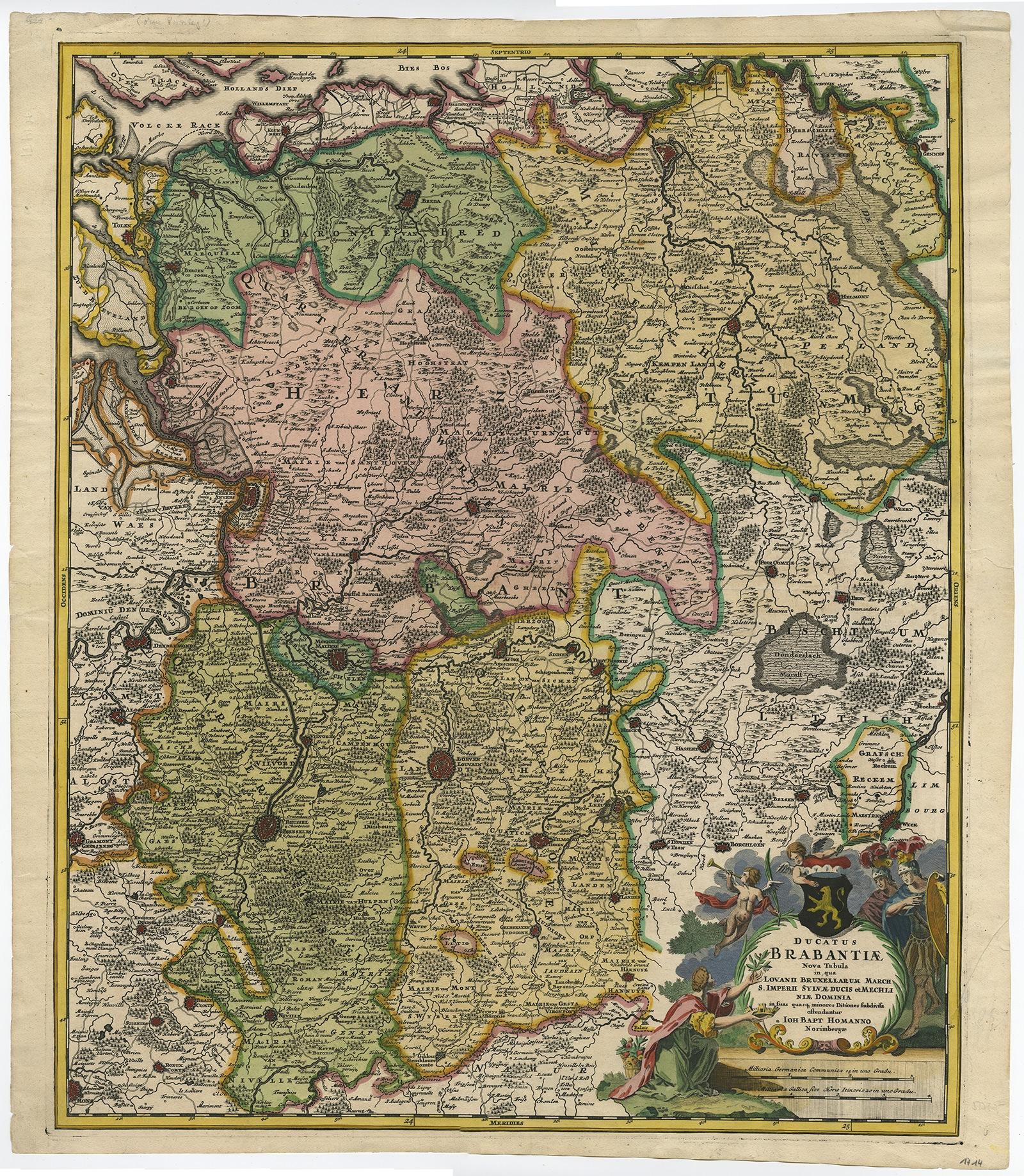 Antique map titled 'Ducatus Brabantiae Nova Tabula in qua Lovanii Bruxellarum March S. Impreii Sylvae Ducis et Merchliniae Dominia.' 

This fully engraved copperplate map covers important Duchy of Brabant and is centered on the large fortress of