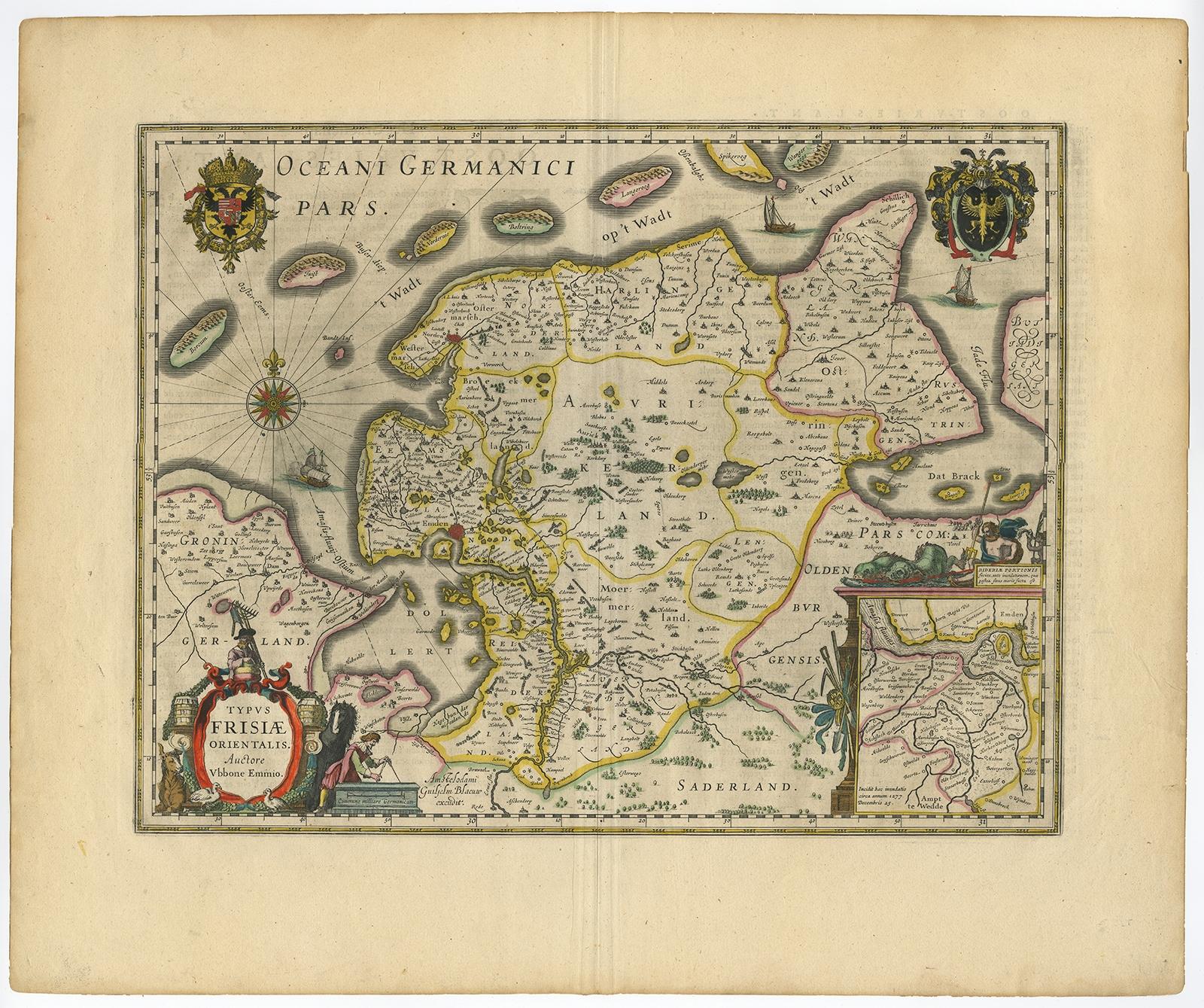 Antique map titled 'Typus Frisiae Orientalis.' 

Map of East Friesland and the area around Emden and Norden. Large inset map of the mouth of the Amasis River. The map is decorated with a large title cartouche and two large coats of arms, plus
