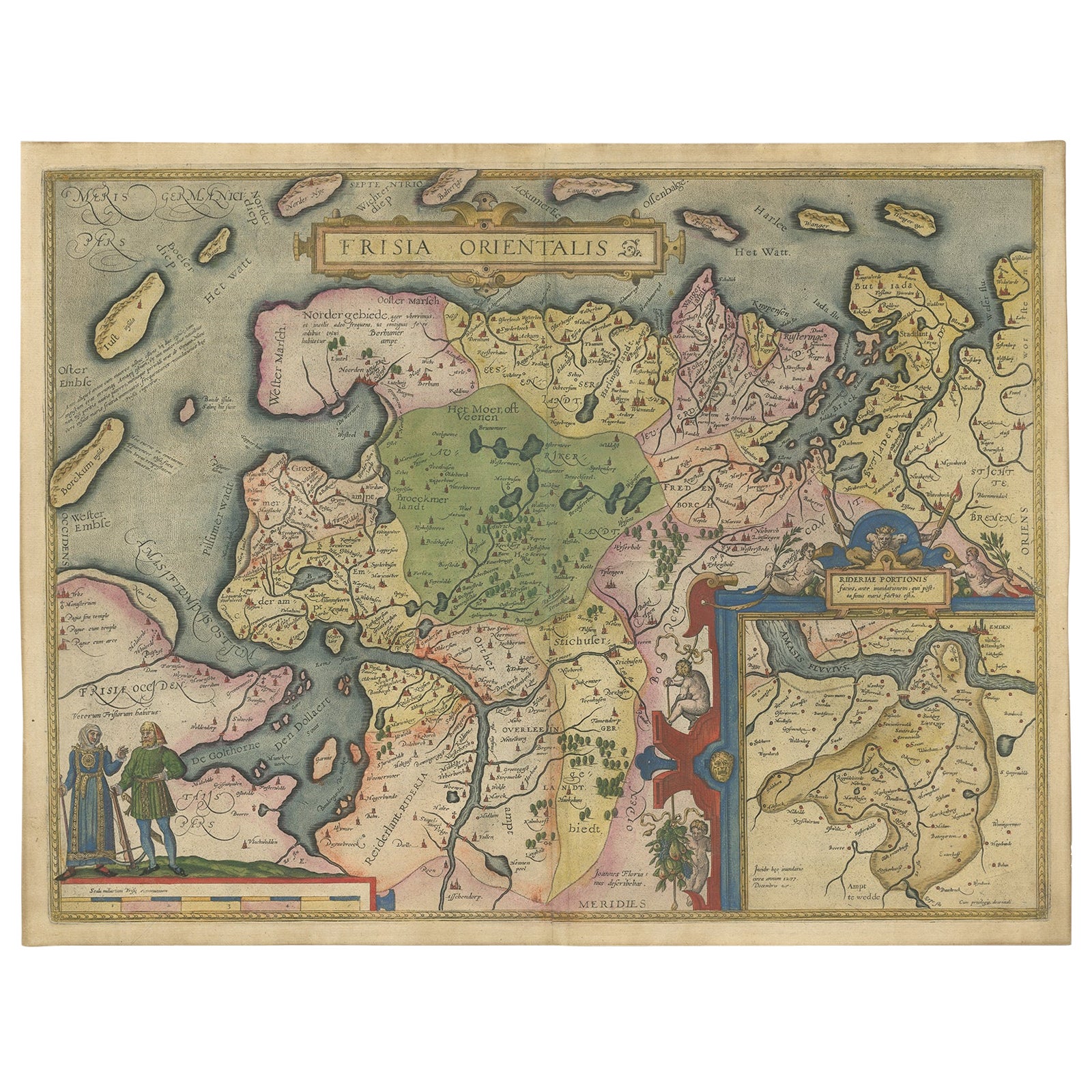 Mappa delle Isole Frisone Orientali e della punta nord-occidentale della Germania, Ostfriesland, 1595 ca.