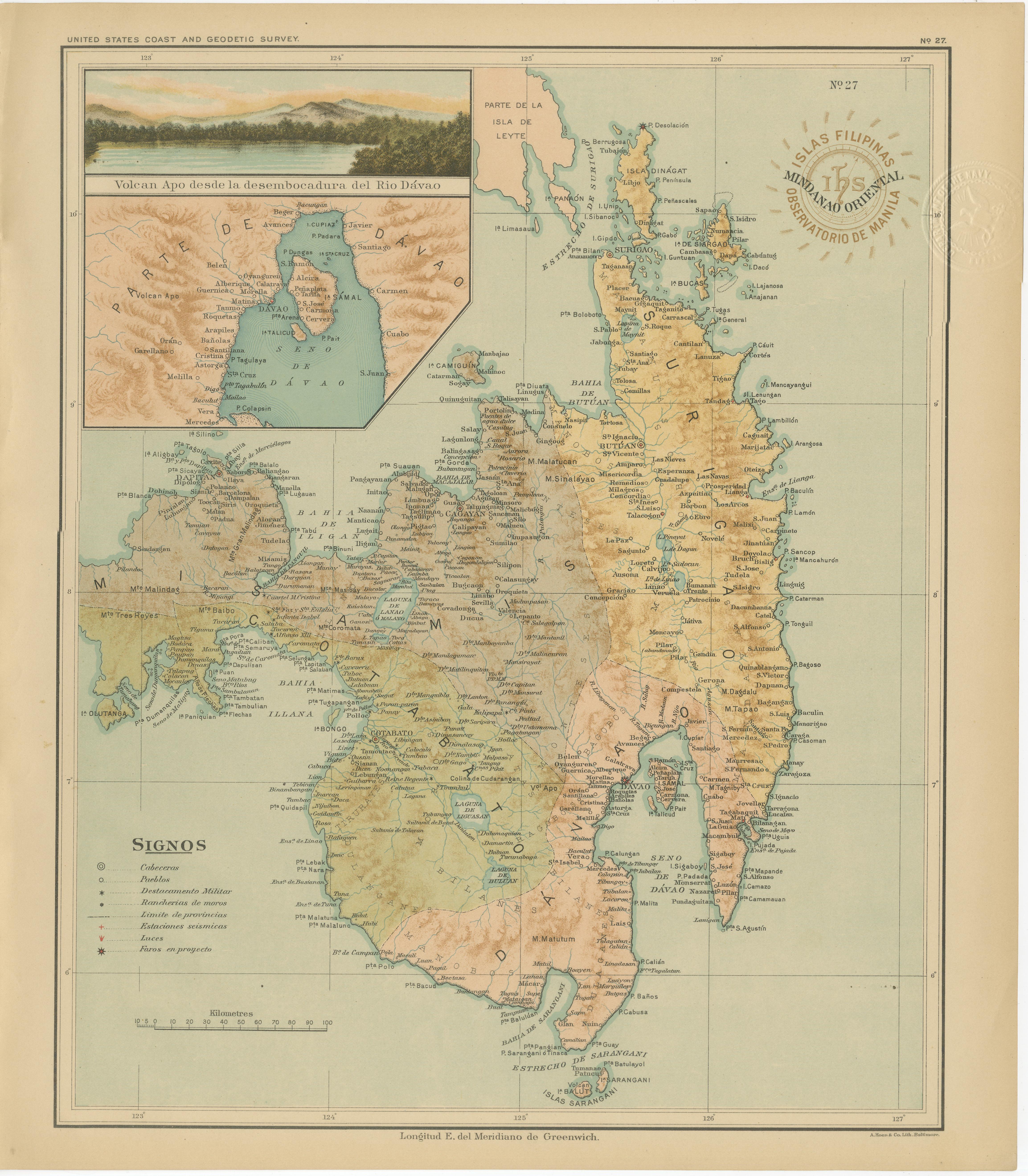 Mappa di Mindanao orientale con il Monte Apo - Observatorio de Manila, 1899

Questa cromolitografia originale, intitolata 