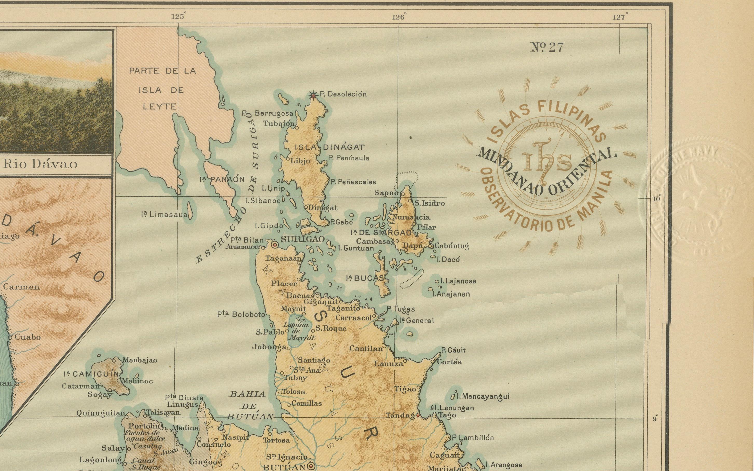 Filippino Mappa di Mindanao orientale con il Monte Apo - Observatorio de Manila, 1899 in vendita