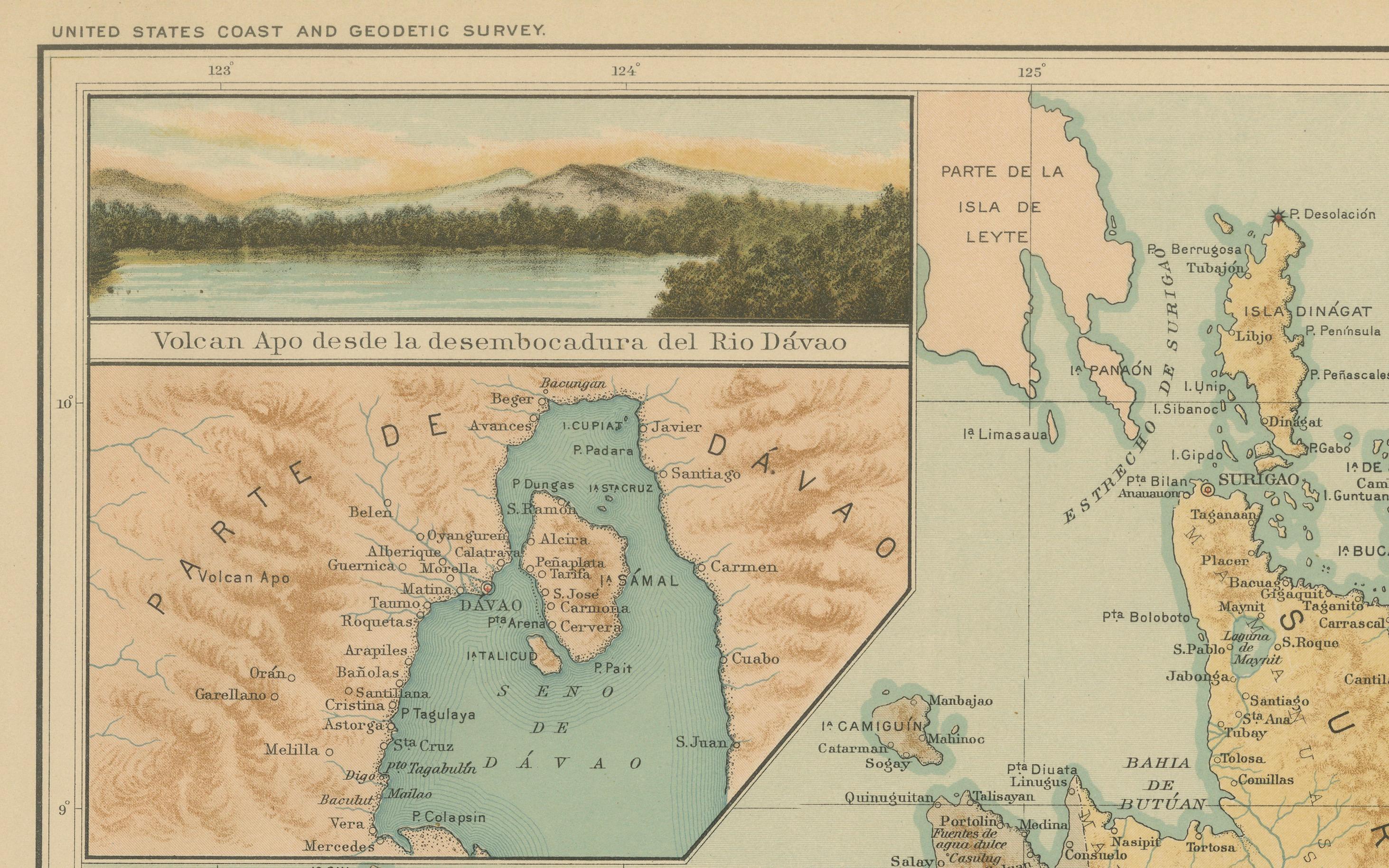 Mappa di Mindanao orientale con il Monte Apo - Observatorio de Manila, 1899 In condizioni buone in vendita a Langweer, NL