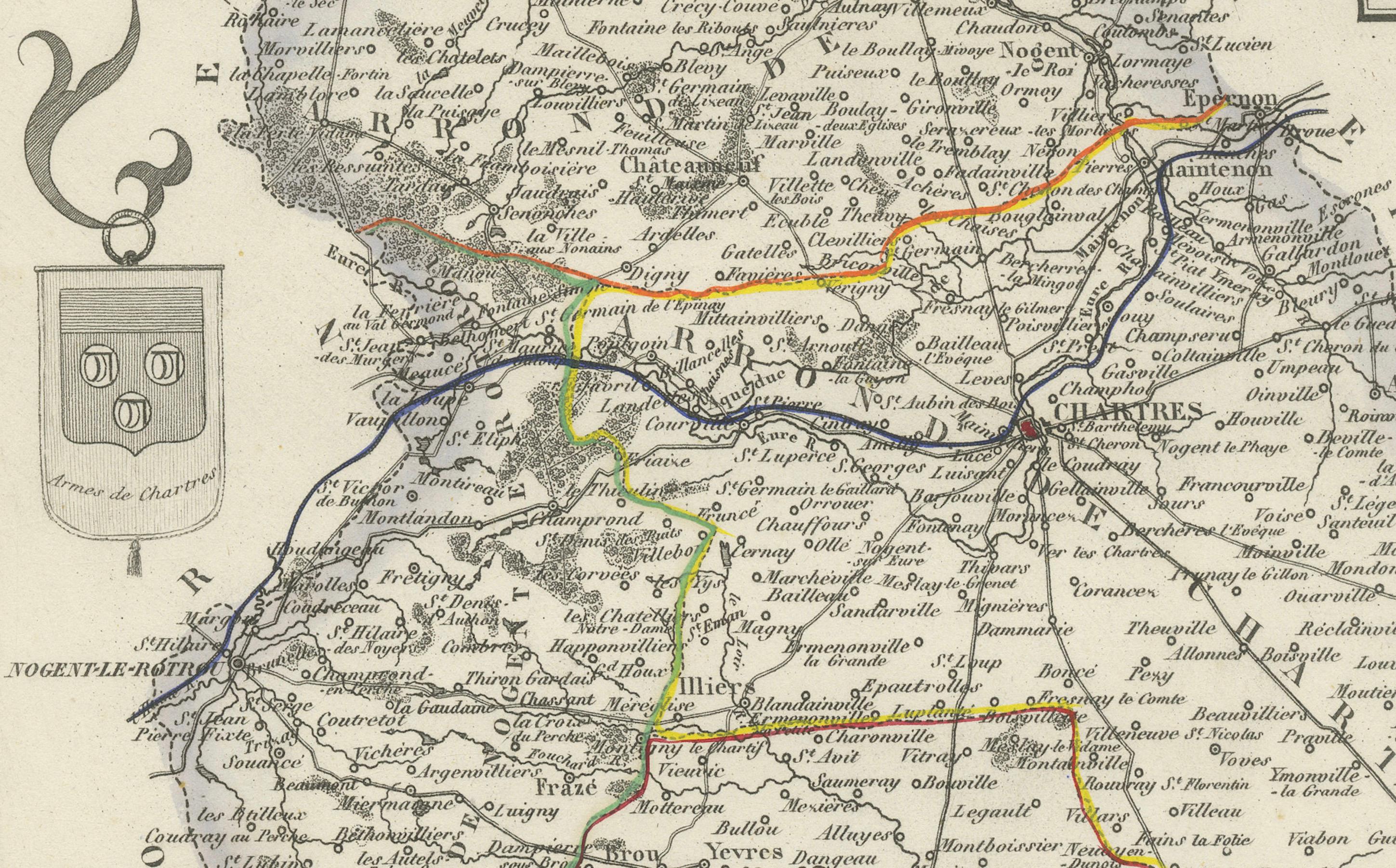 French Map of Eure-et-Loir France with Chartres Cathedral and Marceau Portrait, c.1850 For Sale