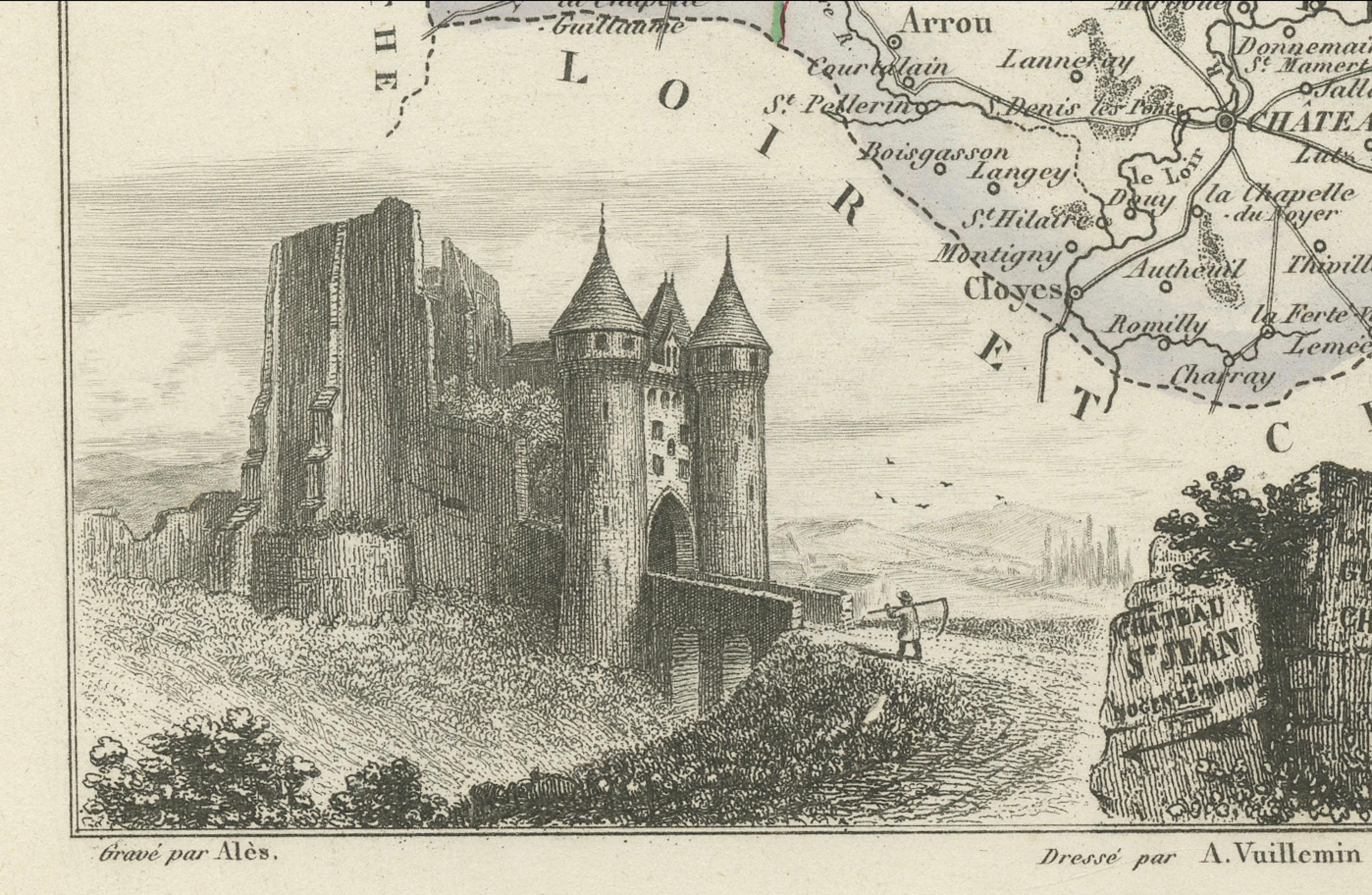 Engraved Map of Eure-et-Loir France with Chartres Cathedral and Marceau Portrait, c.1850 For Sale