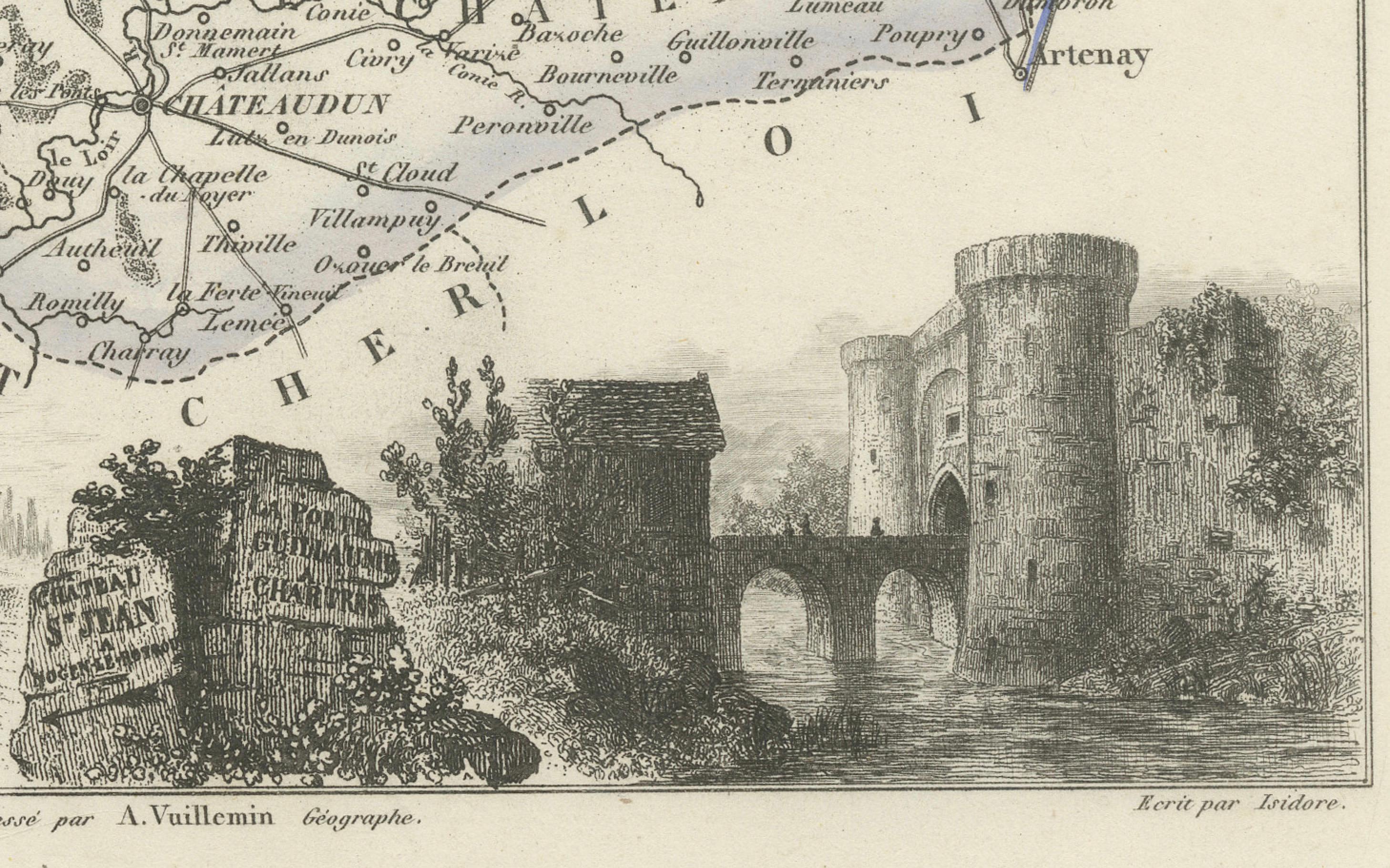 Map of Eure-et-Loir France with Chartres Cathedral and Marceau Portrait, c.1850 In Good Condition For Sale In Langweer, NL