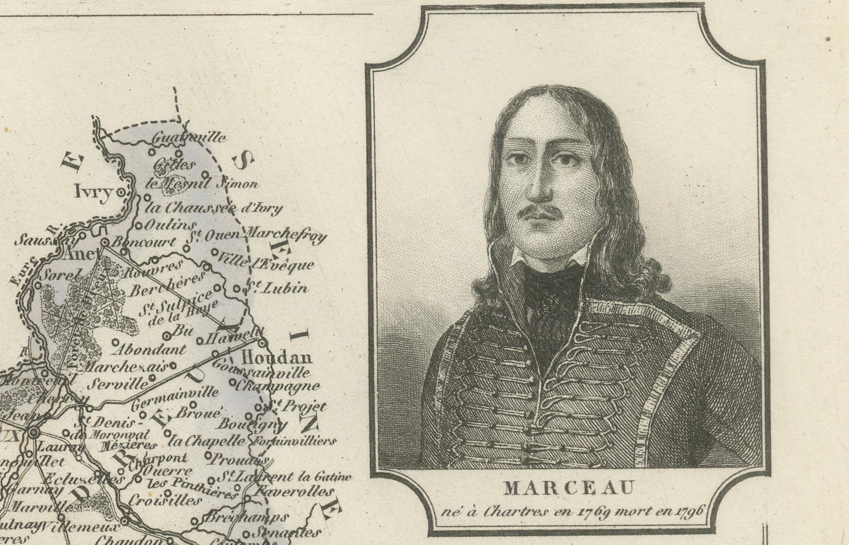 19th Century Map of Eure-et-Loir France with Chartres Cathedral and Marceau Portrait, c.1850 For Sale