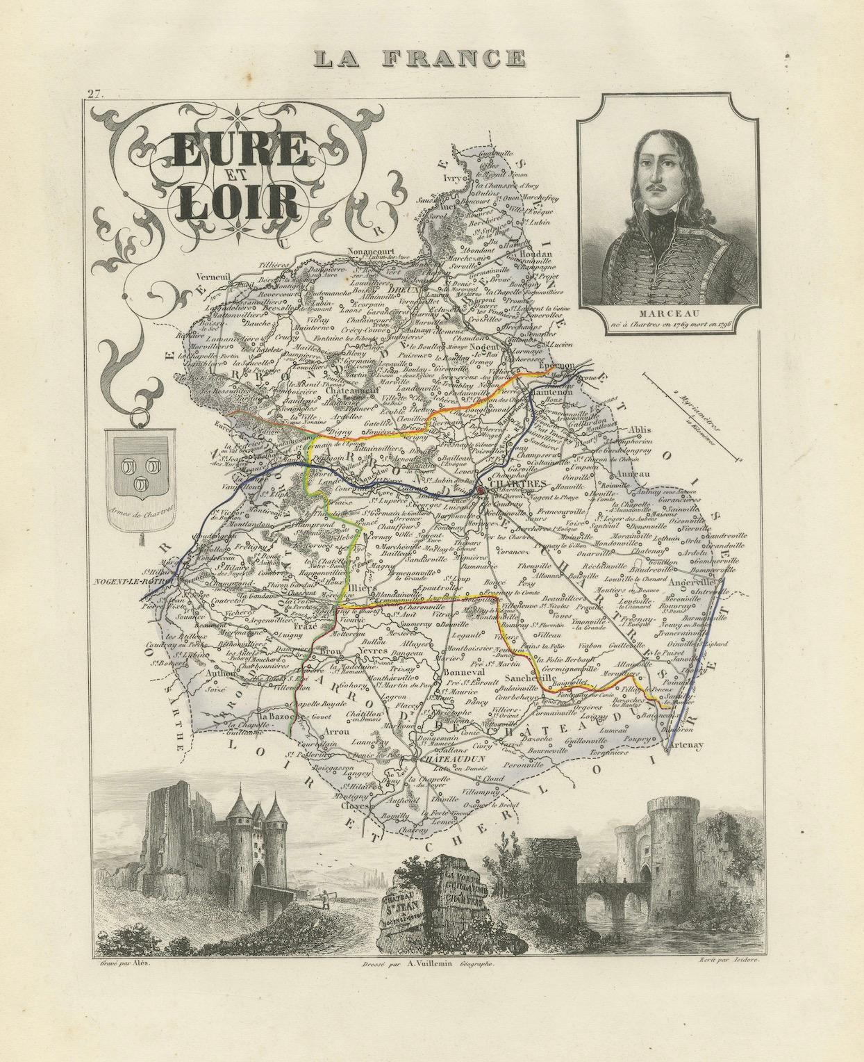 Paper Map of Eure-et-Loir France with Chartres Cathedral and Marceau Portrait, c.1850 For Sale
