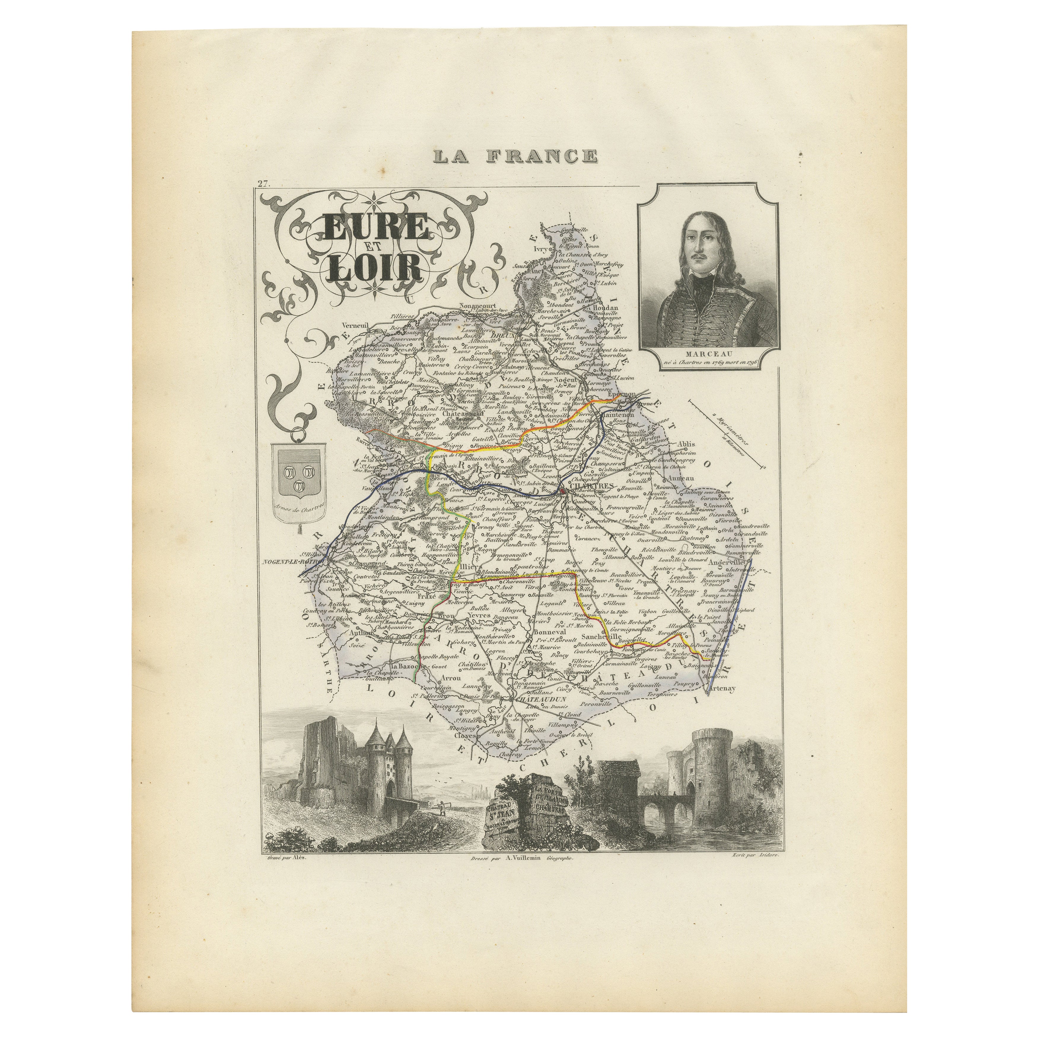 Map of Eure-et-Loir France with Chartres Cathedral and Marceau Portrait, c.1850 For Sale