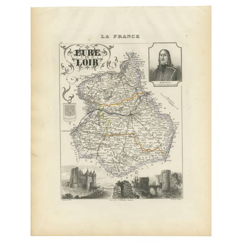 Map of Eure-et-Loir France with Chartres Cathedral and Marceau Portrait, c.1850