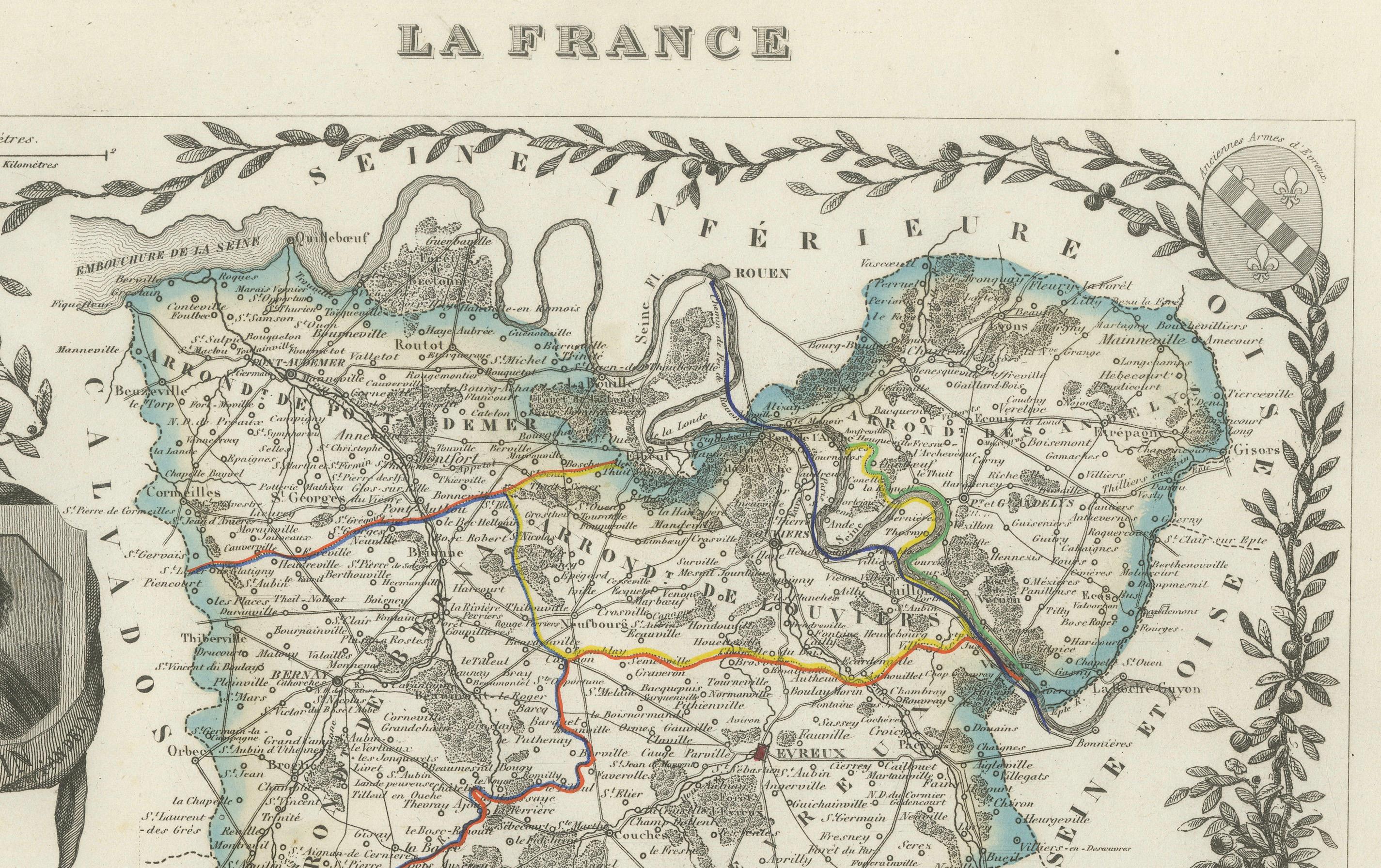 Map of Eure France with Evreux, Poussin and Normandy Countryside, 19th Century

Description:
This 19th-century engraved map of the Eure department in the Normandy region of northern France was drawn by Alexandre Vuillemin and published by Migeon in
